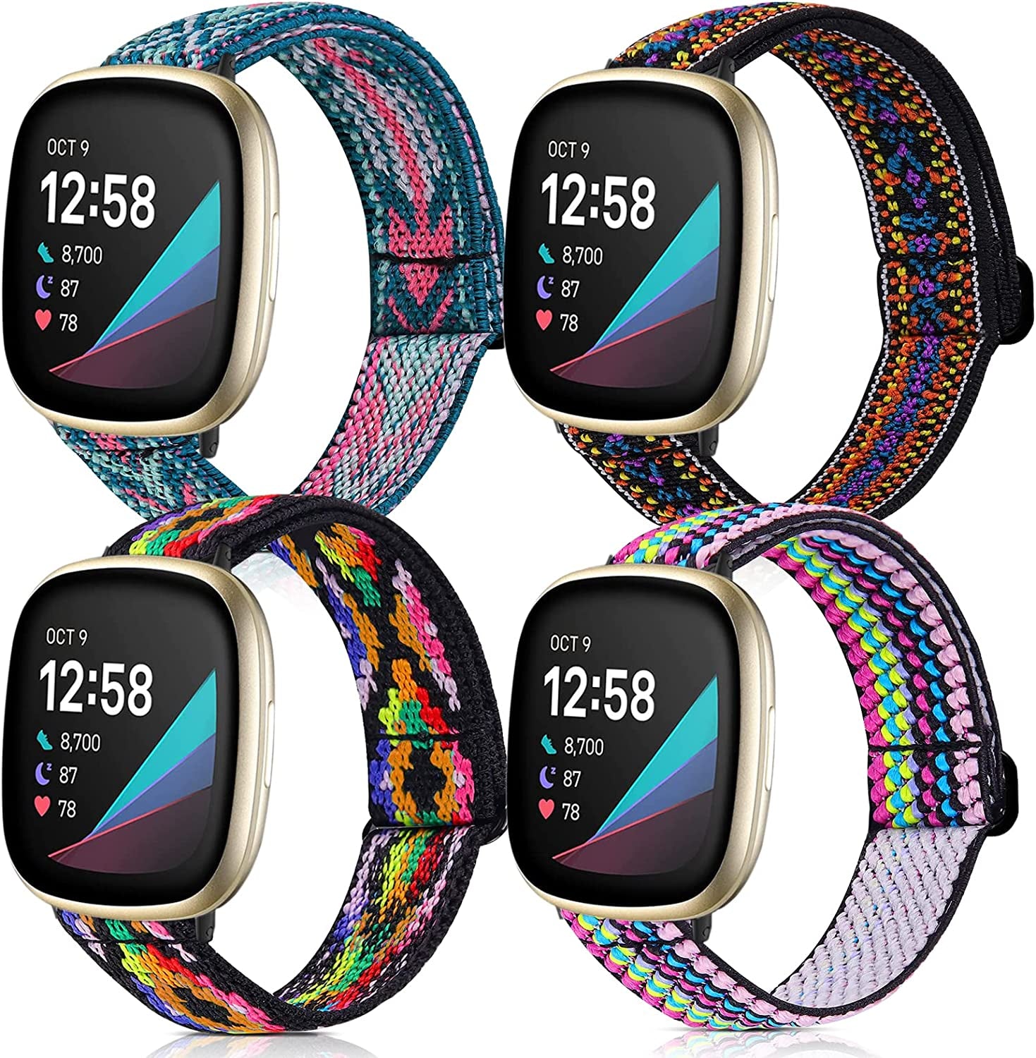 4 Pack Stretchy Bands Compatible with Fitbit Versa 3/Fitbit Versa 4/Fitbit Sense 2/Fitbit Sense Bands Women Men, Adjustable Elastic Breathable Loop Nylon Replacement Straps for Fitbit Sense & Versa 3  POHNUI   
