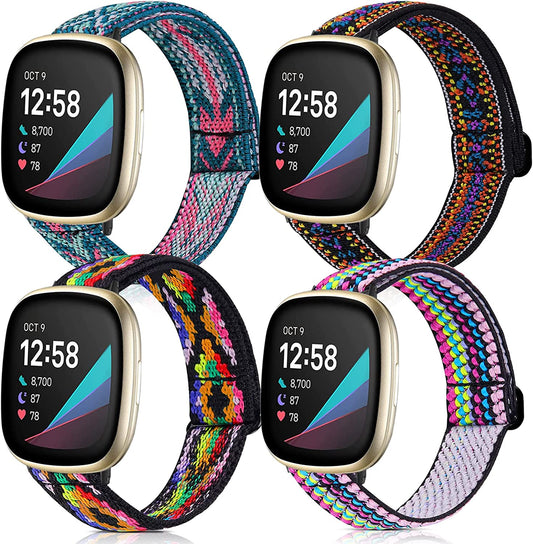 4 Pack Stretchy Bands Compatible with Fitbit Versa 3/Fitbit Versa 4/Fitbit Sense 2/Fitbit Sense Bands Women Men, Adjustable Elastic Breathable Loop Nylon Replacement Straps for Fitbit Sense & Versa 3  POHNUI   