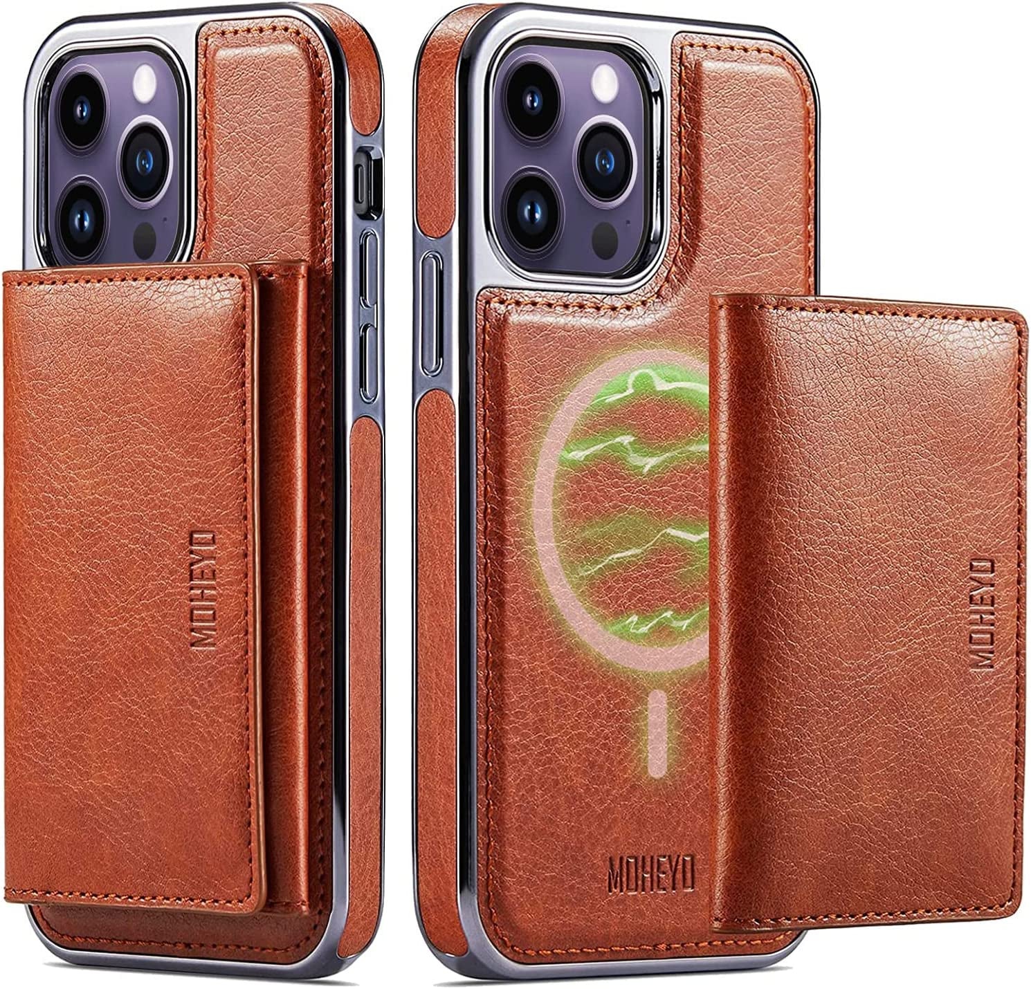 MOHEYO Designed for Iphone 14 Pro Max Case Compatible with Magsafe Removable Wallet Card Holder Magnetic Slim Thin Vegan Leather Cover (Blue)  MOHEYO Brown  