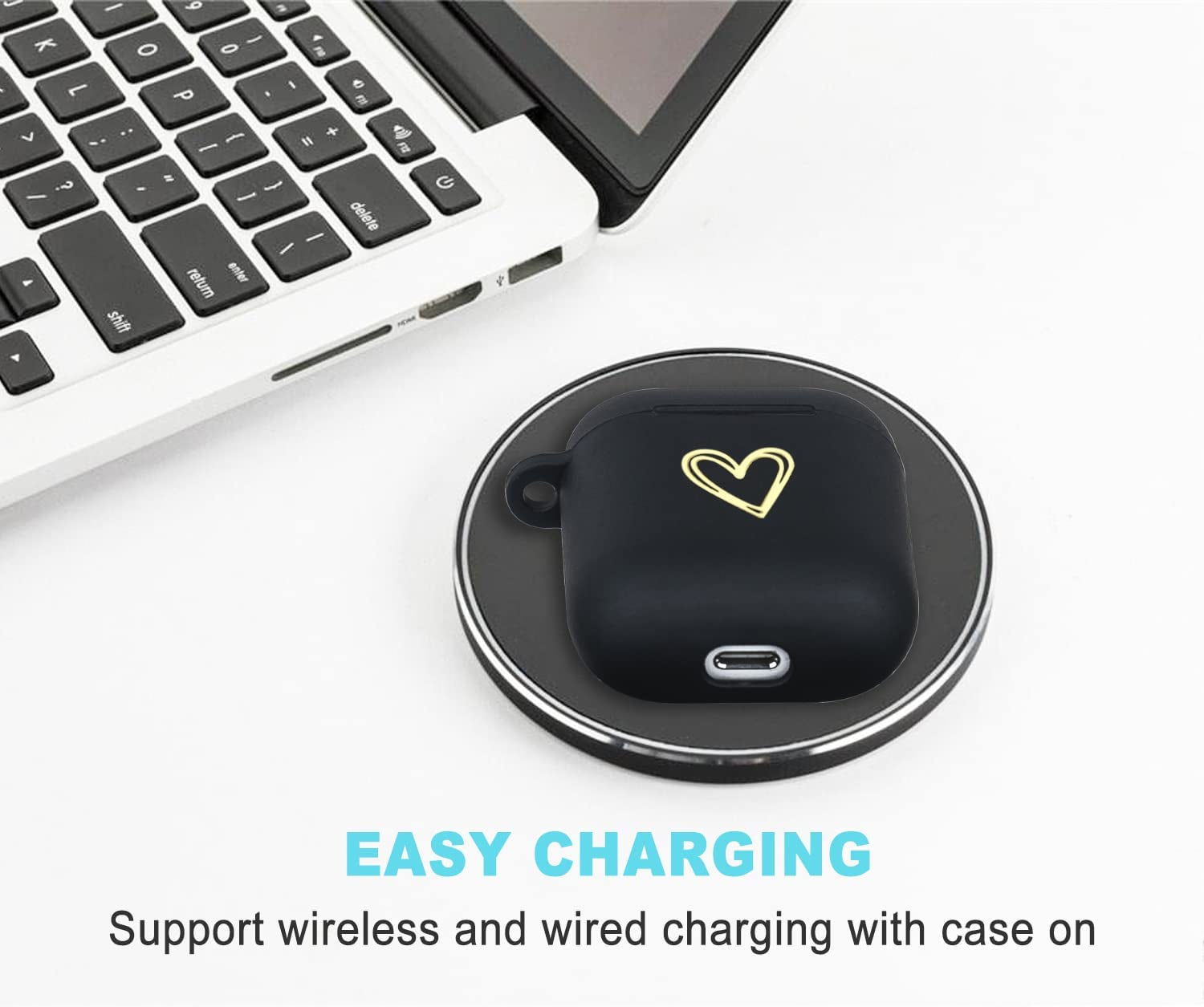 Wonjury Airpods Case Soft TPU Gold Heart Pattern Cute with Keychain Shockproof Cover Case for Girls Woman Apple Airpods 2 &1 - Black+White  Wonjury   