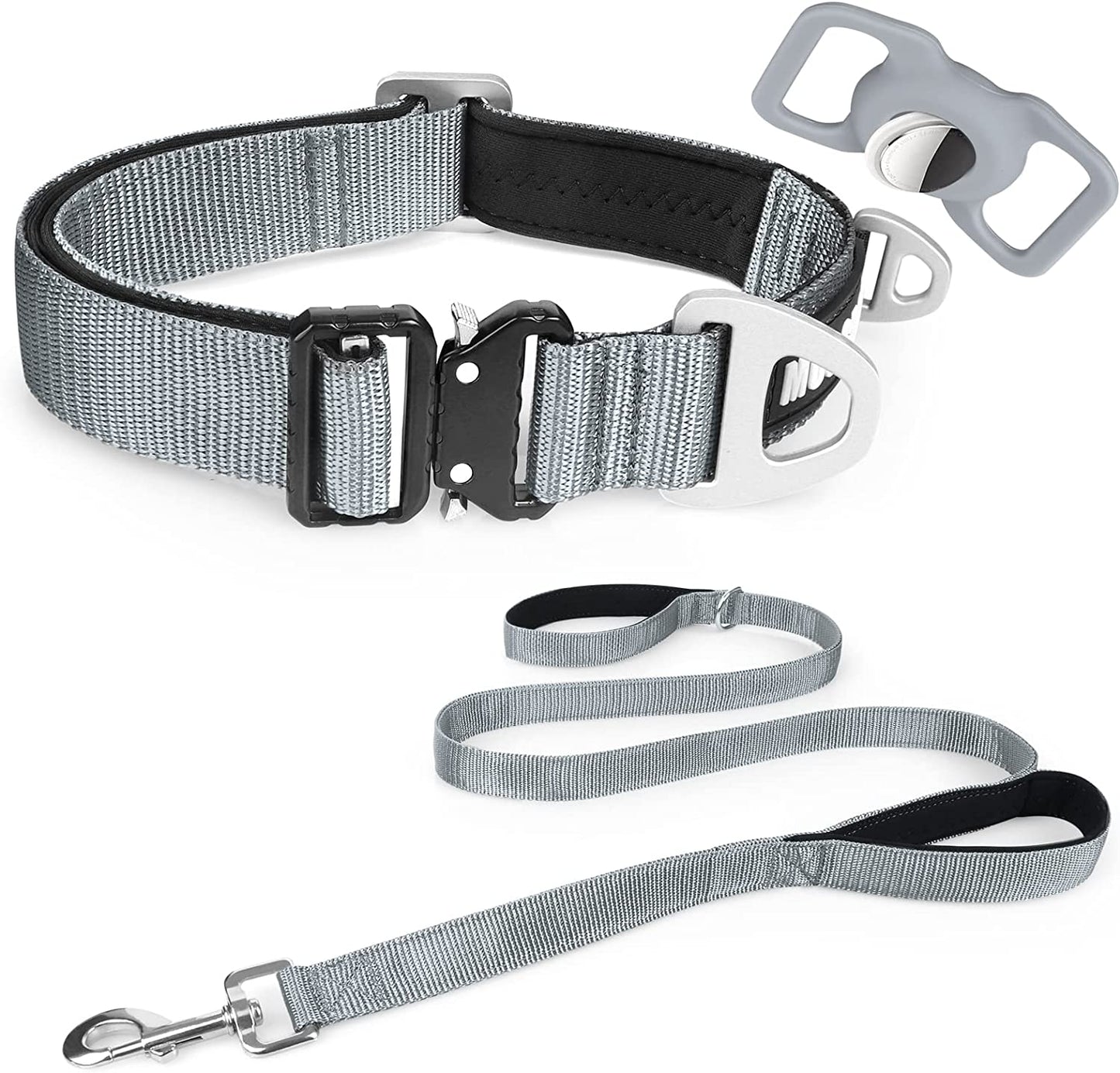 MOOGROU Dog Collar with Airtag Holder,Quick-Release Metal Buckle Heavy Duty Pet Collar for Small Medium Large Dogs,Premium Adjustable Nylon Airtag Dog Collar with Soft Neoprene Padded Comfy Brown 1.2"  MOOGROU Gray-Collar Leash Set Size 3-Width 1.5" 