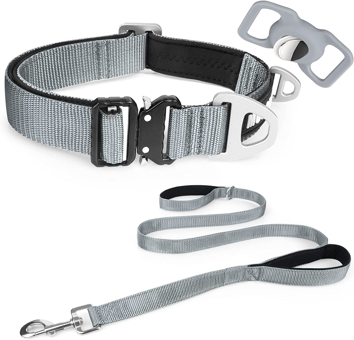 MOOGROU Dog Collar with Airtag Holder,Quick-Release Metal Buckle Heavy Duty Pet Collar for Small Medium Large Dogs,Premium Adjustable Nylon Airtag Dog Collar with Soft Neoprene Padded Comfy Brown 1.2"  MOOGROU Gray-Collar Leash Set Size 3-Width 1.5" 