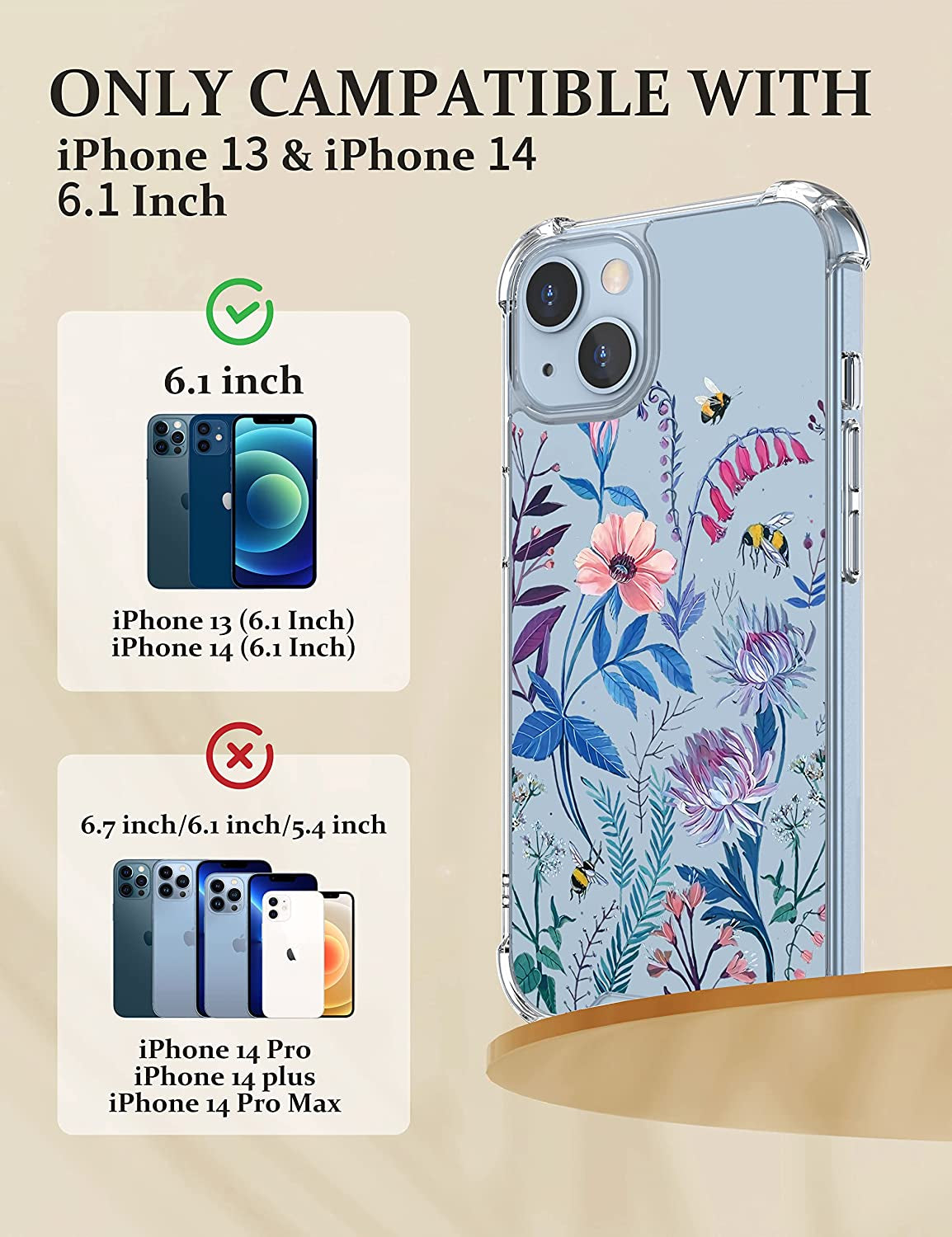 Cutebe [3 in 1 Crystal Phone Case for Iphone 13(2021)/Iphone 14(2022) 6.1", Cute Protective Cover with 9H Temper Glass Screen Protector + HD Temper Camera Lens Protector for Women, Girls  Cutebe   