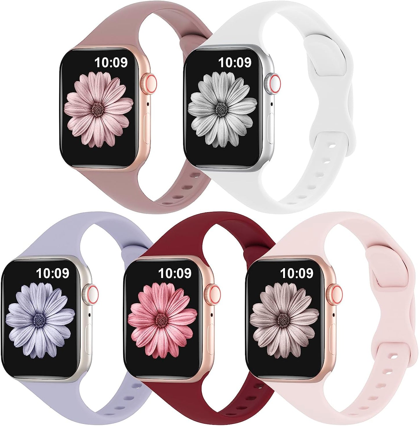 TSAAGAN 5 Pack Silicone Slim Bands Compatible with Apple Watch Band 38Mm 42Mm 40Mm 44Mm 41Mm 45Mm 49Mm, Soft Narrow Sport Strap Thin Wristband for Iwatch Ultra Series 8/7/SE/6/5/4/3/2/1 Women Men  TSAAGAN Smoke Violet/White/Lavender Grey/Wine Red/Sand Pink 38/40/41mm 