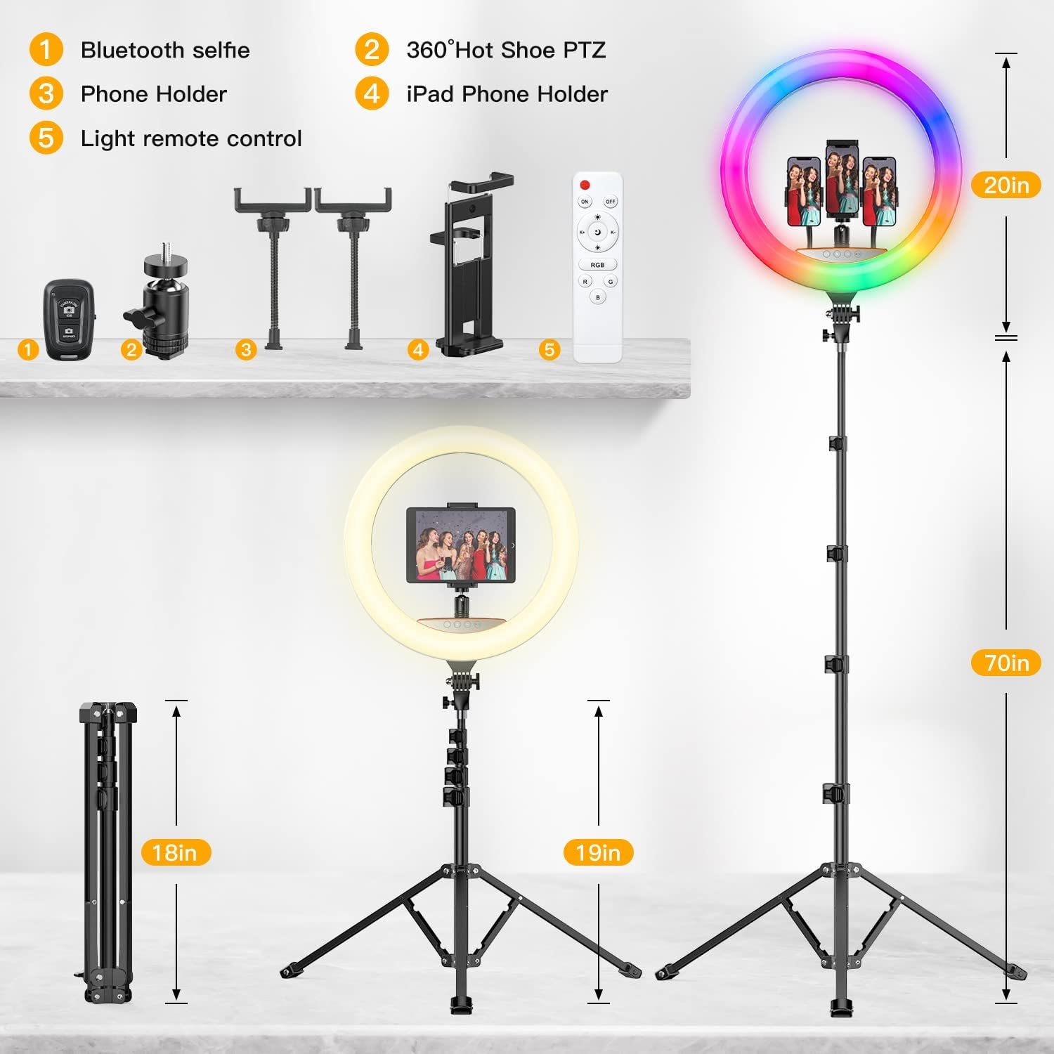 RGB Ring Light 18 Inch with Tripod Stand (2700-7000K) for Phone Camera Ipad Selfie Live Stream Youtube Tiktok Video Shooting Best Lighting Atmosphere Ringlight (18 Inch)  Auriani   