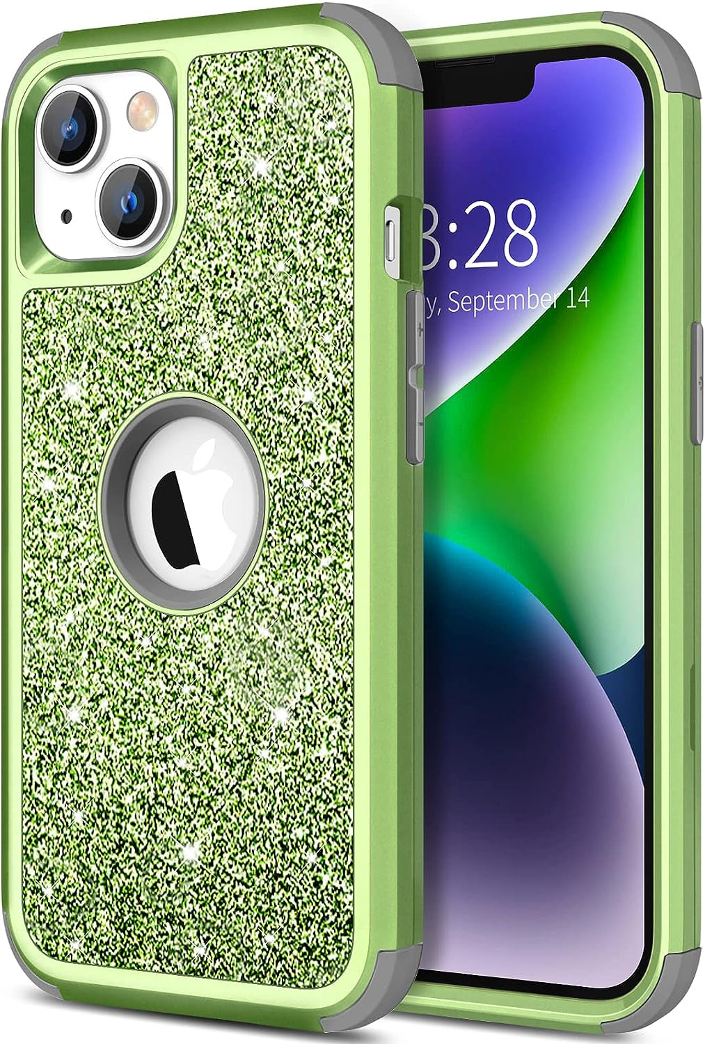 Hython for Iphone 14 plus Case, Heavy Duty Full-Body Defender Protective Phone Cases Glitter Bling Sparkle Hard Shell Hybrid Shockproof/Drop Proof 3-Layer Military Rubber Bumper Cover for Women Girls  Hython Green  