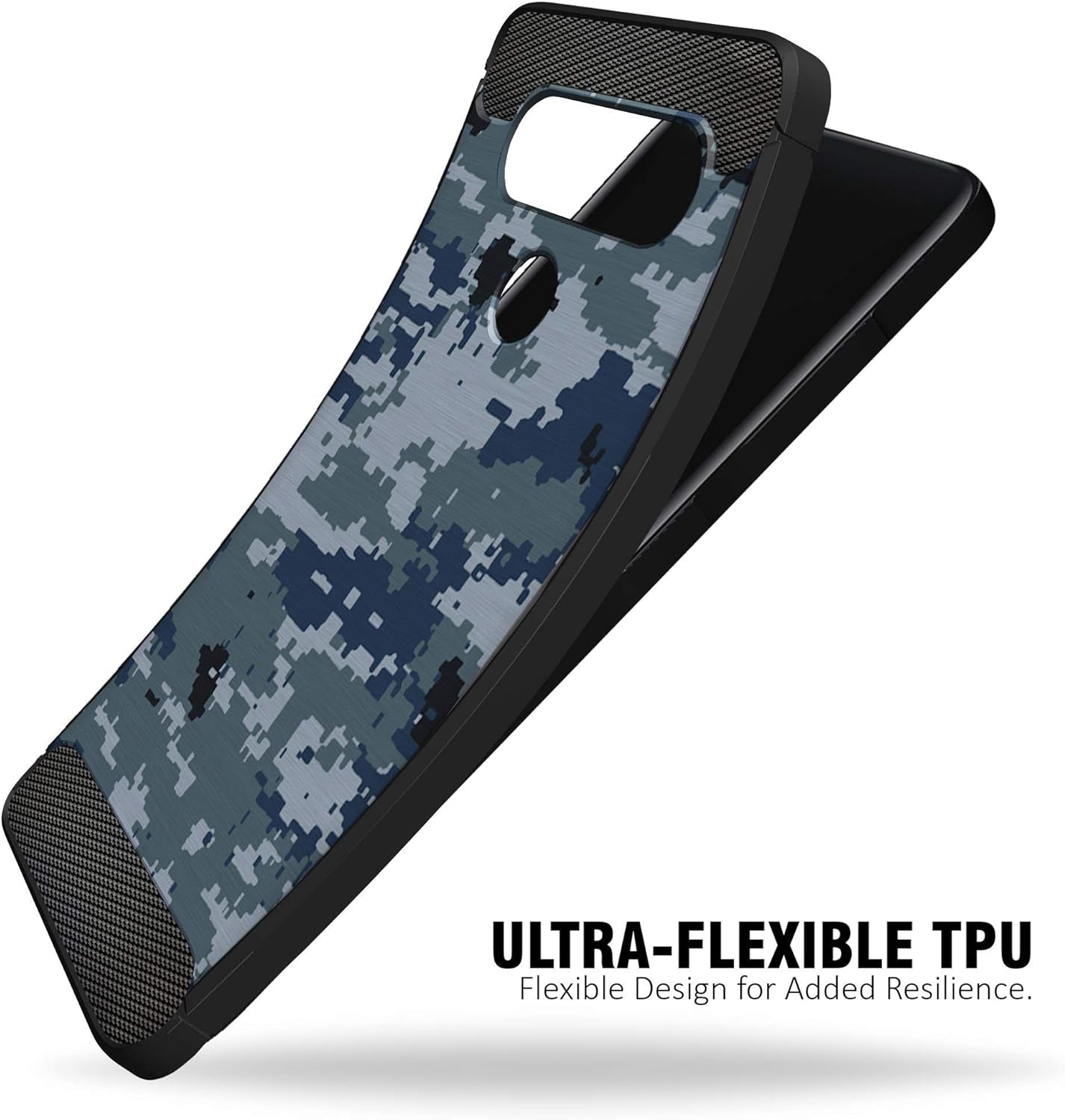 Casesondeck Fitted Case Compatible with [LG V40 Thinq] Carbon Fiber Accents Bump and Drop Protecting Flexible TPU (Blue Digital Camo)  CasesonDeck   