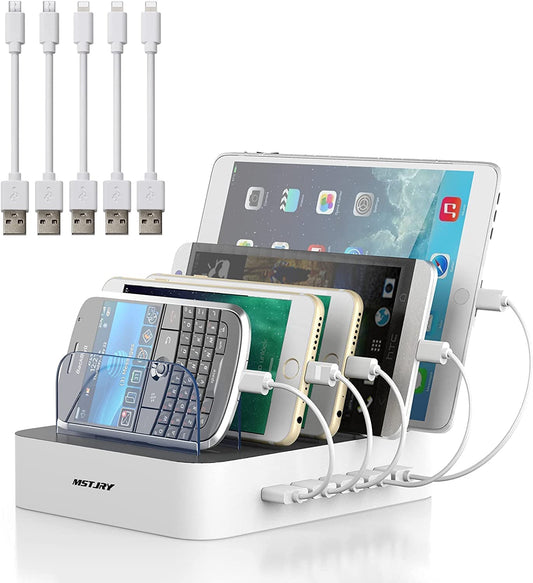Charging Station for Multiple Devices, MSTJRY 5 Port Multi USB Charger Station with Power Switch Designed for Iphone Ipad Cell Phone Tablets (White, 6 Mixed Short Cables Included)  MSTJRY   