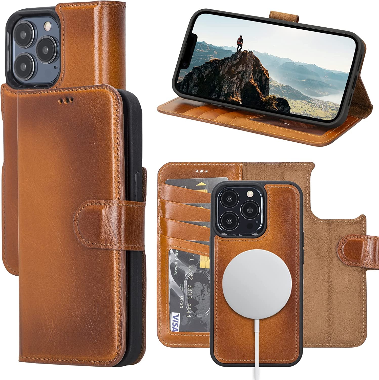 OXA Leather 2-In-1 Wallet Case Compatible with Iphone 14 Pro Max | Magnetic Detachable | Shockproof | RFID Blocking | Flip Case with Kickstand | Compatible with Magsafe | - Purple  OXA Rustic iPhone 14 Pro 