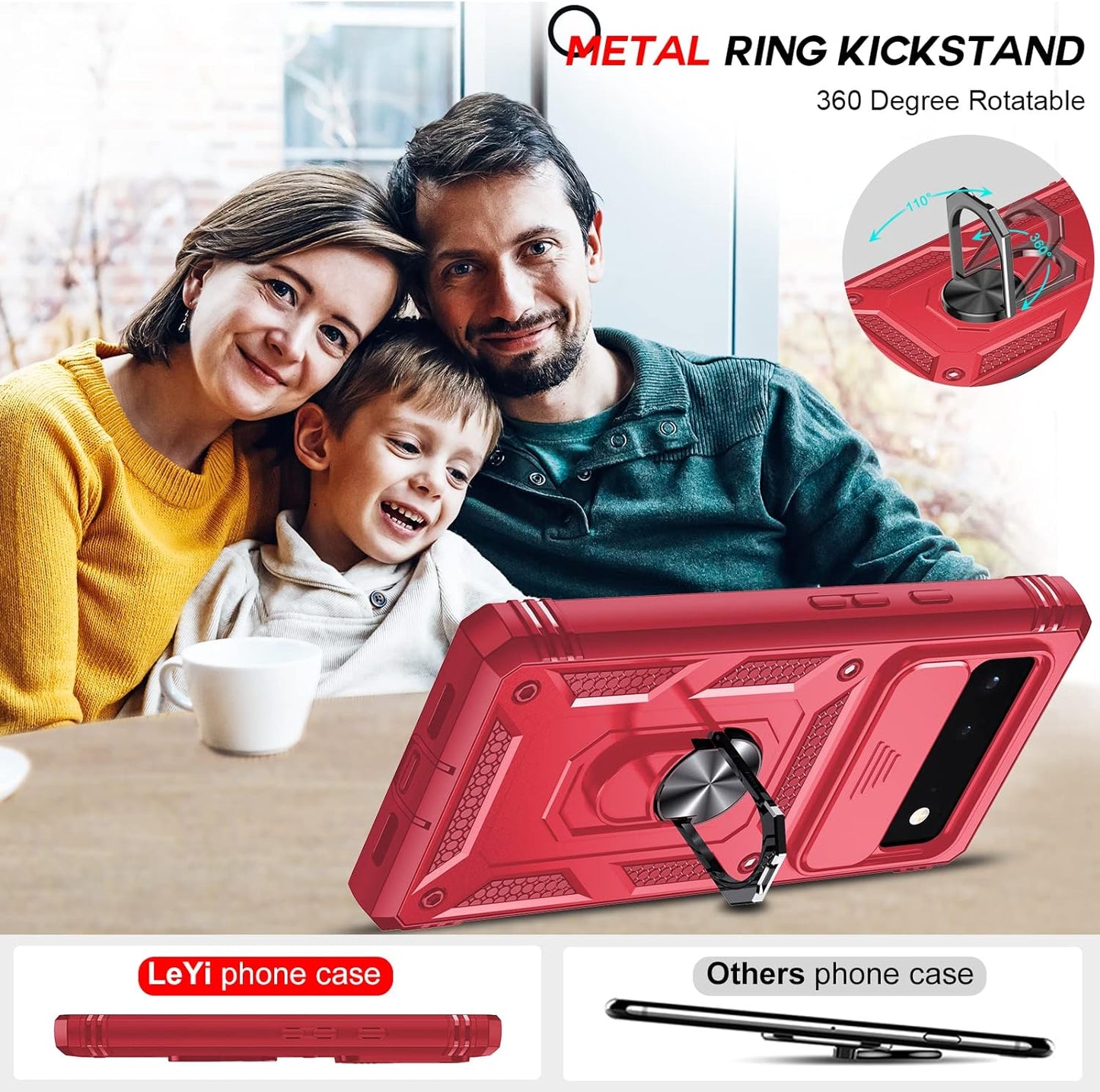 Leyi for Google Pixel 6 Case: Case for Pixel 6 with Slide Camera Cover + [2 Packs] Tempered Glass Screen Protector, 360 Full Body Military-Grade Phone Case with Kickstand for Google Pixel 6, Red  LeYi   