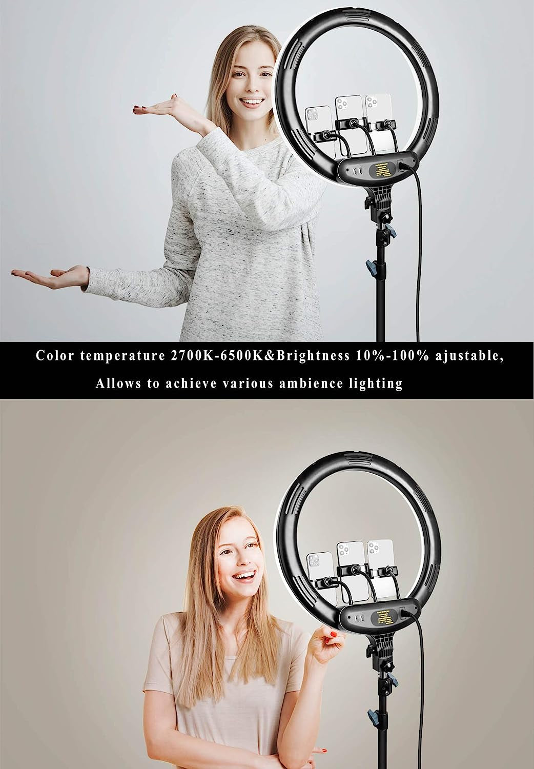 18" Inch Remote LED Ring Light with Tripod Stand,Thecosky 2021 Big Color Temperature Ajustable 2700K-6500K LED Stream Light with 3 Phone Holders for Camera Photography, Youtube Videos, Selfie ,Makeup  Thecosky   