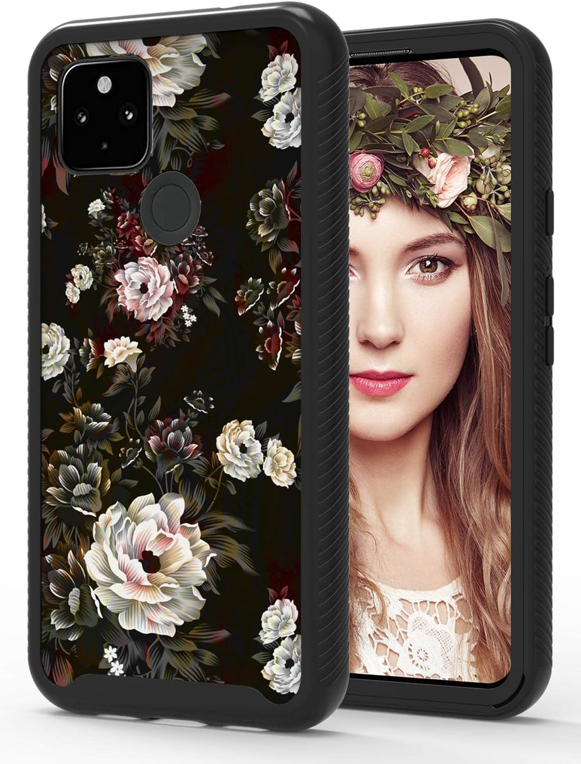 Shinymax Pixel 4A 5G Case with Roses Design,Google Pxiel 4A 5G Phone Case,Hybrid Triple Layer Armor Protective Cover Flexible Sturdy Anti-Scratch Shockproof Cute Case for Women and Girls-Flowers/Black  ShinyMax   