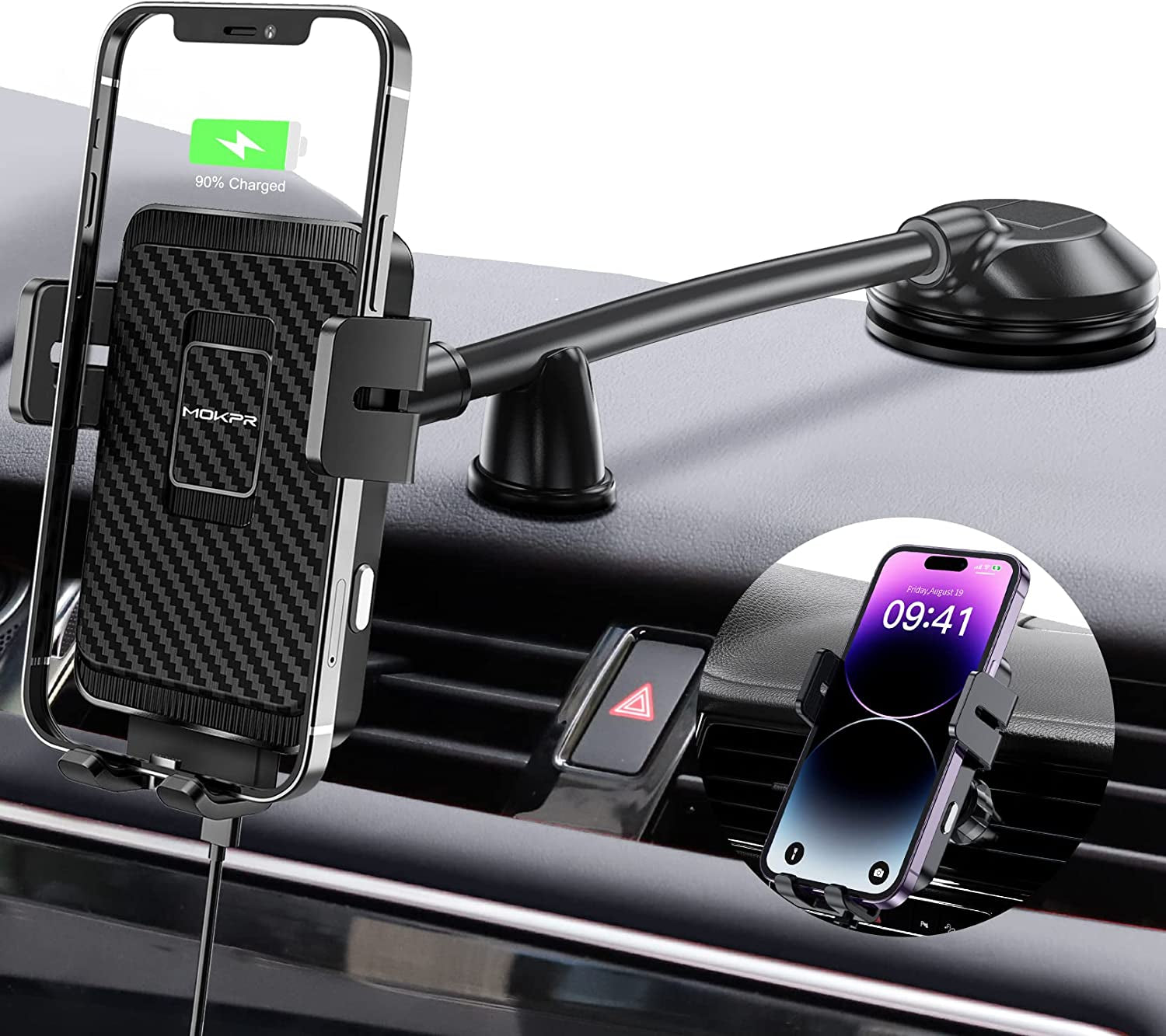 Wireless Car Charger, MOKPR 15W Fast Charging Car Mount Auto-Clamping Car Charger, Dashboard Windshield Phone Holder Compatible with Iphone 14/13/13 Pro/12 Pro/12/11/X/8, Samsung S23/S22/S10/S9/S8  MOKPR Gooseneck Air Vent  