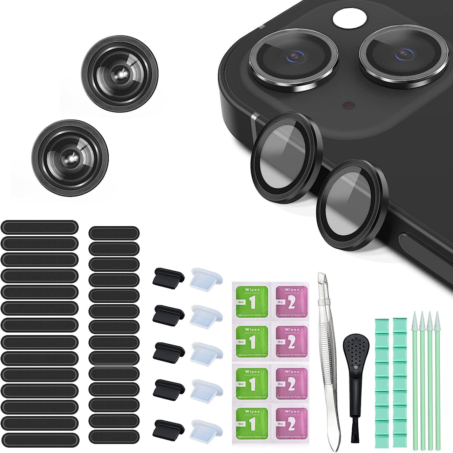 16 PCS Iphone Metal Speaker Dust Cover (8PCS Black and 8PCS Silver) 2PCS Iphone Metal Dust Plug 10PCS Silicone Dust Plugs,With Cleaning Tools Compatible Iphone 12/13 /14 Pro/Pro Max/Iphone Series  Pohgelan black iphone 13/13mini 