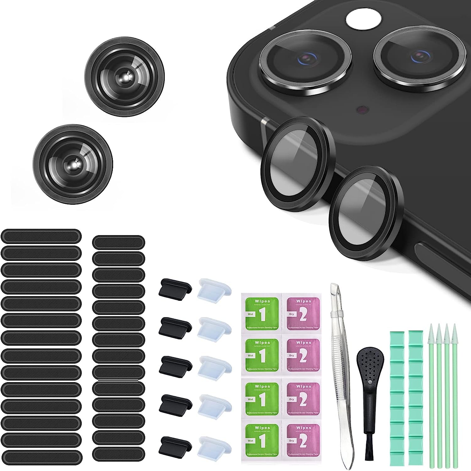 16 PCS Iphone Metal Speaker Dust Cover (8PCS Black and 8PCS Silver) 2PCS Iphone Metal Dust Plug 10PCS Silicone Dust Plugs,With Cleaning Tools Compatible Iphone 12/13 /14 Pro/Pro Max/Iphone Series  Pohgelan black iphone 13/13mini 