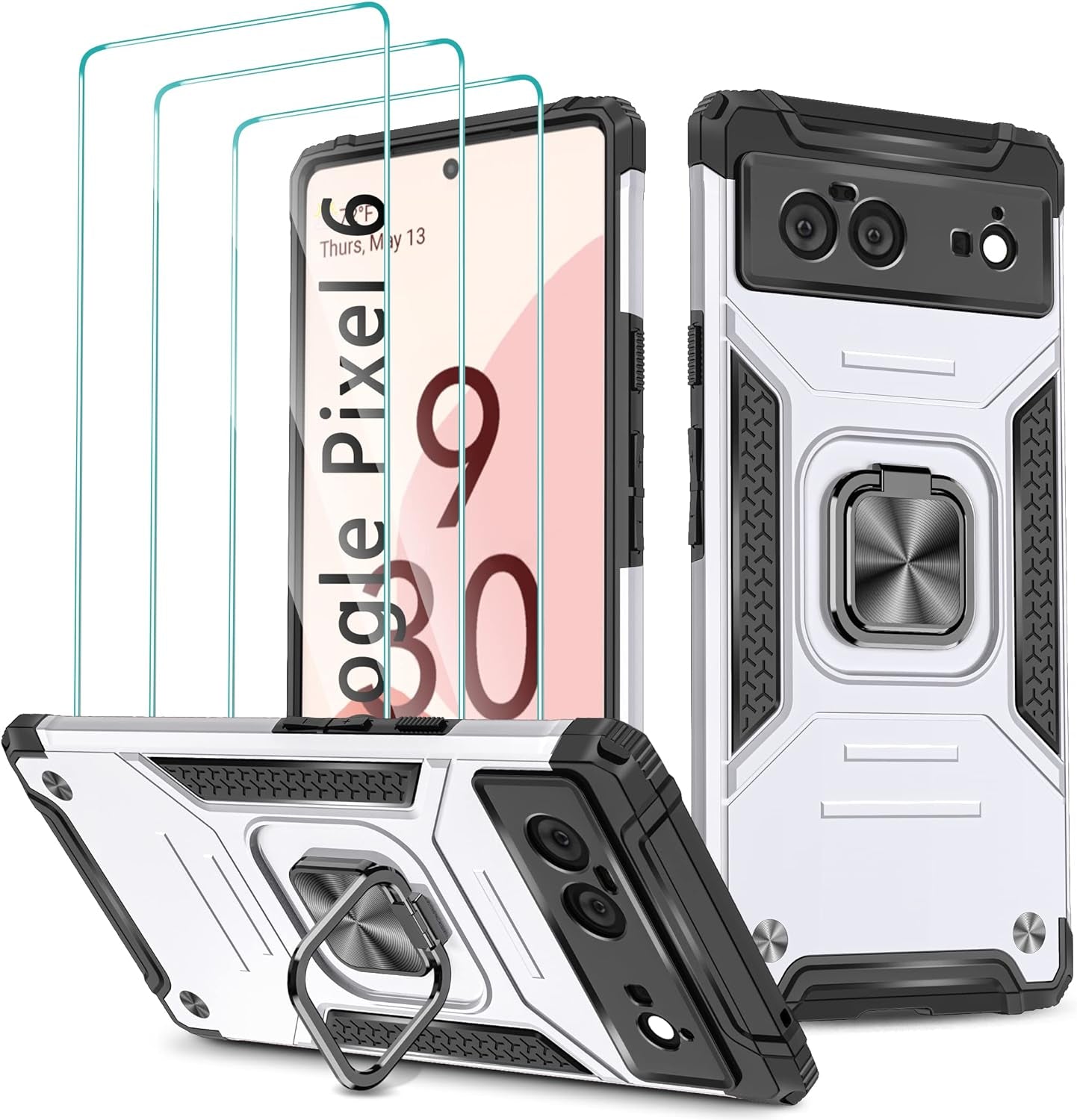 Google Pixel 6 Case, Google Pixel 6 Case with 3 Pcs Tempered Glass Screen Protector, Built in Magnetic Ring Kickstand Military-Grade Hard PC TPU Shockproof Aromr Case for Google Pixel 6 - Rose Gold  GAMEMIUZ Silver  