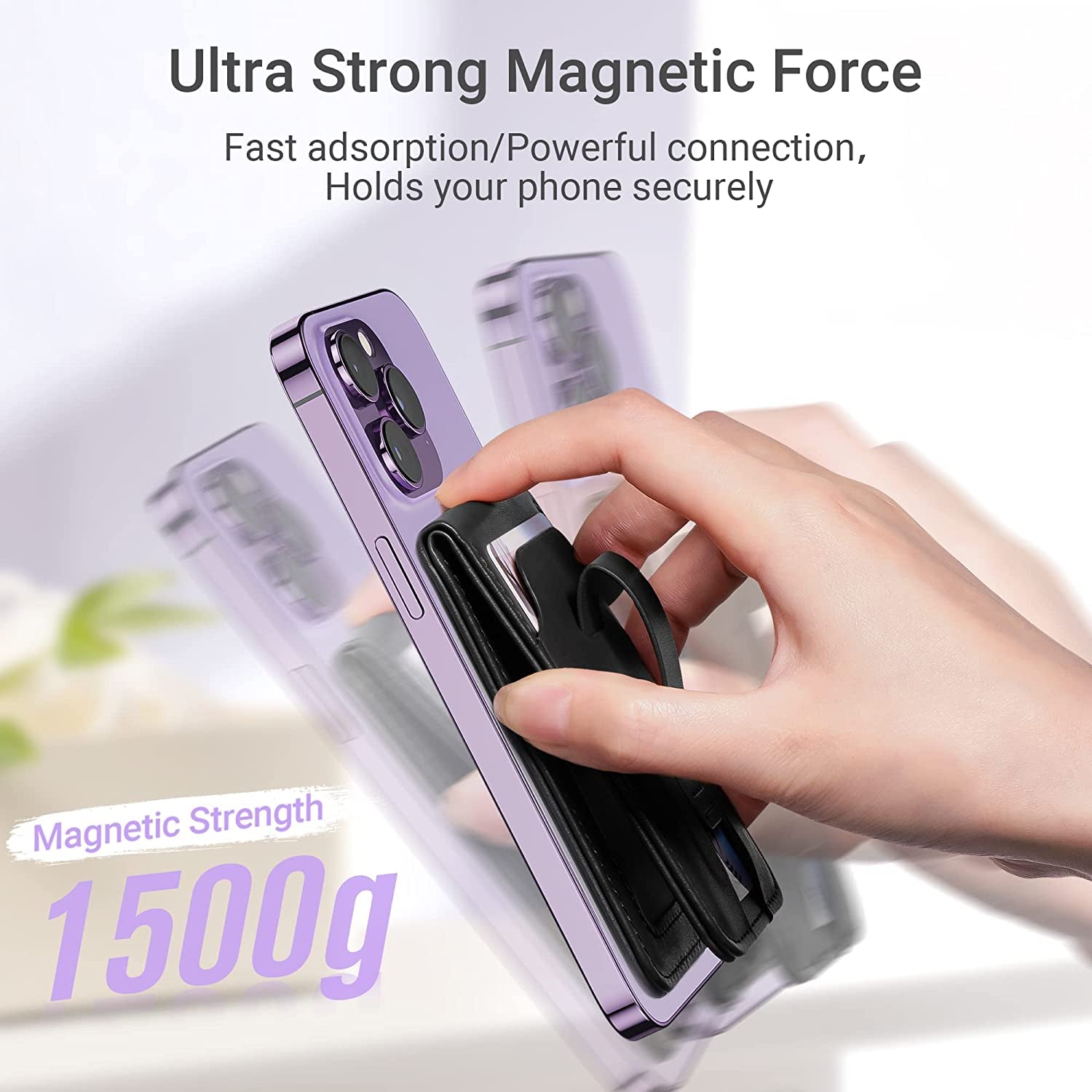 Magsafe Phone Wallet Card Holder: Magnetic Apple Wallet and Adjustable Phone Stand for Iphone 14/13/12 Series, 4 Cards Holder, Grip Finger Loop, Vegan Leather, Black (Not for Iphone 13 Mini/12 Mini)  Huogantom   