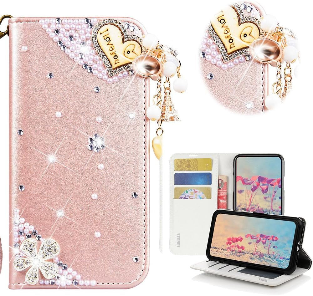 STENES LG G6 Case, LG G6 plus Case - STYLISH - 3D Handmade Bling Crystal Dance Butterfly Design Wallet Credit Card Slots Fold Stand Leather Cover Case for LG G6/LG G6 plus - Pink  STENES Heart Pendant Flowers / Pink  