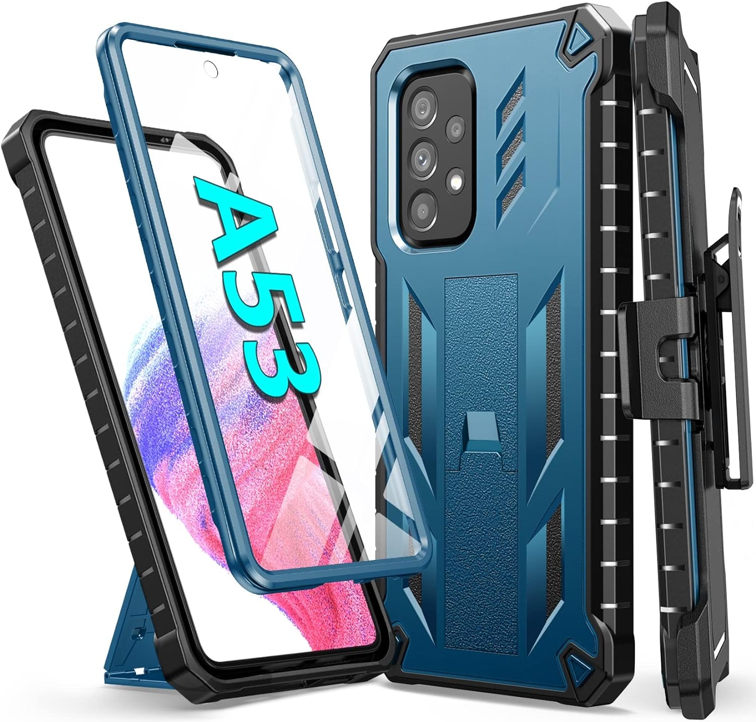 Soios for Samsung Galaxy A53 5G Case: with Built-In Screen Protector & Kickstand | Full-Body Dual Layer Rugged Belt-Clip Holster | Heavy Duty Shockproof Protective Phone Cover - 6.5Inch - Black  SOiOS Blue  