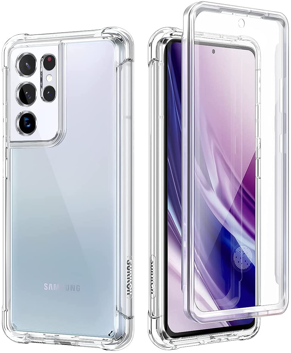 SURITCH for Samsung Galaxy S21 Ultra Clear Case 6.8" (Only), [Built-In Screen Protector] Full Body Protective Hard Shell+Soft TPU Phone Case for Samsung S21 Ultra -(Dark Magenta Edge)  SURITCH Full Clear  