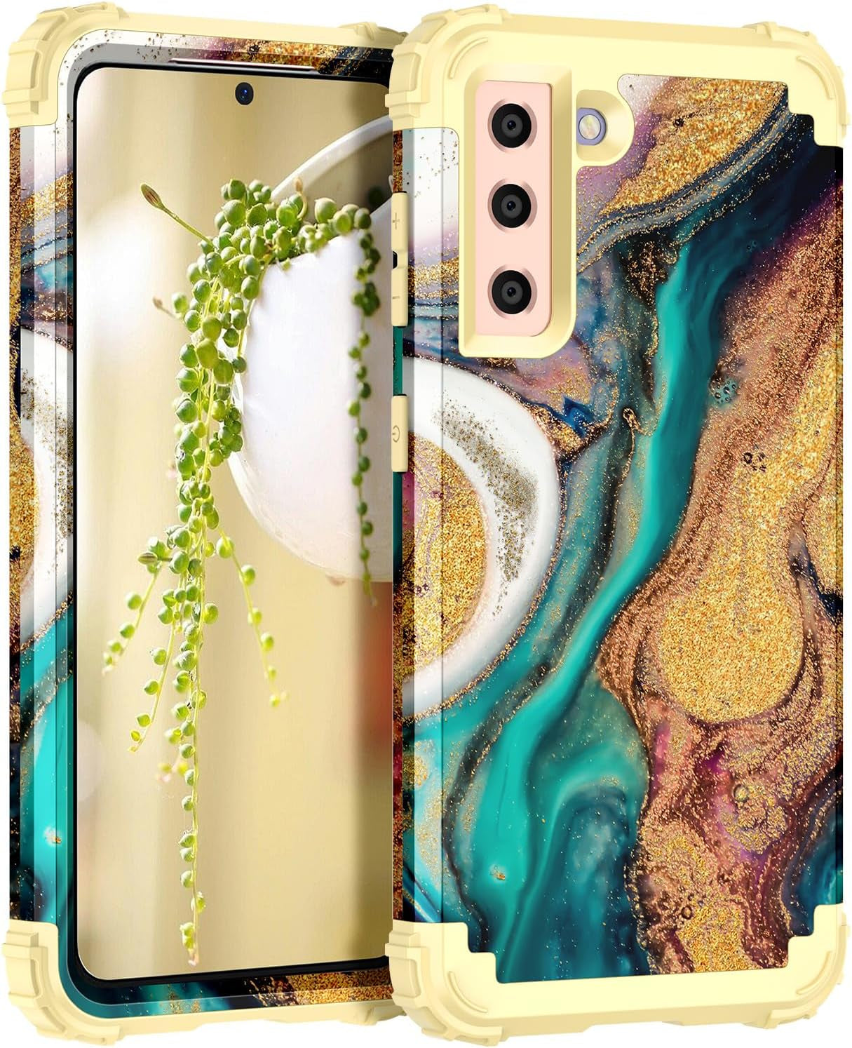 Casetego for Galaxy S21 5G Case,Floral Three Layer Heavy Duty Sturdy Shockproof Soft Tpu+Hard PC Protective Cover Case for Samsung Galaxy S21 5G 6.2 Inch,Orange/Black  Casetego Green/Gold  