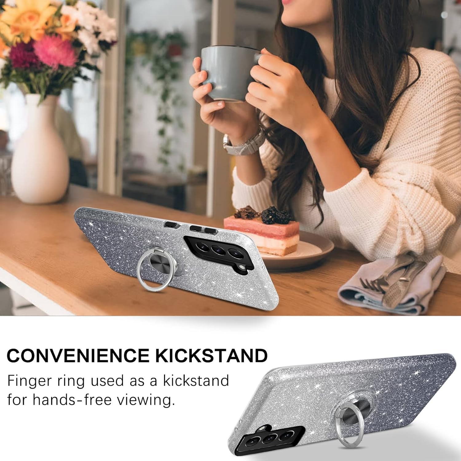 BENTOBEN Samsung Galaxy S21 plus Case 6.7", Sparkly Glitter Slim Phone Case with 360° Ring Holder Kickstand Car Mount Supported Dual Layer Protective Cover for Samsung Galaxy S21+ plus 5G 2021, Black  BENTOBEN   