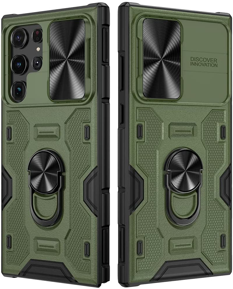 VEGO Compatible for Galaxy S22 Ultra Stand Case with Slide Camera Cover, Built-In 360° Rotate Magnetic Ring Stand Heavy Duty Protective Cover Case for Samsung Galaxy S22 Ultra 5G 6.8 Inch 2022 - Blue  VEGO Green  