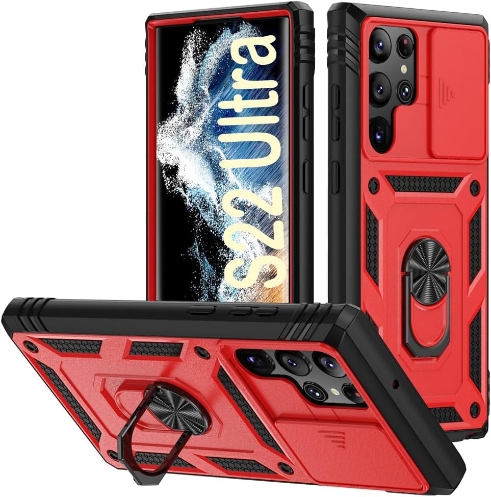 PASNEW for Samsung Galaxy S21 Ultra Case,Finger Ring Kickstand & Camera Cover Slide & Charge Port Dust Plug,Military Heavy Duty Full Body Shockproof Protective Hard Shell S21Ultra,6.8 Inch,Pink  PASNEW Red Samsung Galaxy S22Ultra【6.8"】 