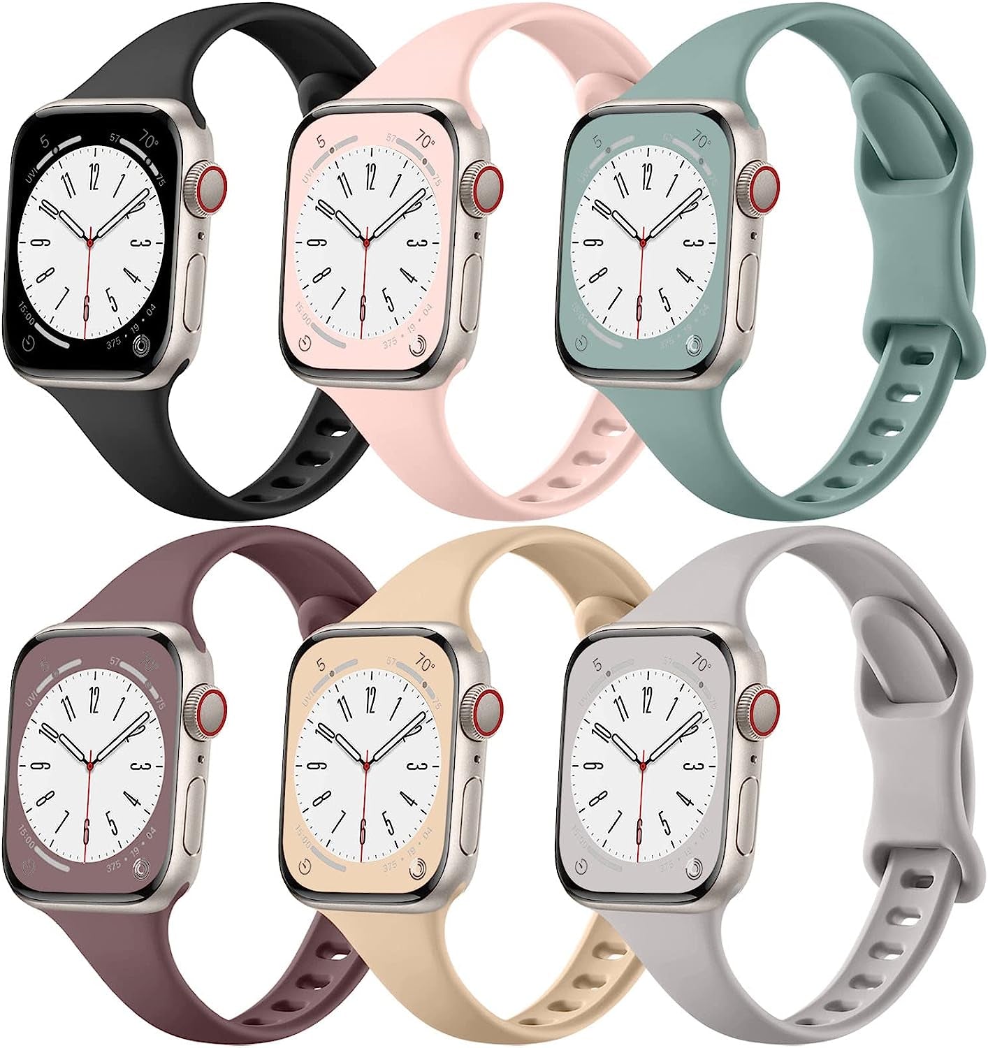 Lerobo 6 Pack Slim Bands Compatible with Apple Watch Band 40Mm 38Mm 44Mm 42Mm 41Mm 45Mm for Women Men, Soft Silicone Waterproof Sport Strap Replacement Wristbands for Iwatch Series 7 6 5 4 3 2 1 SE  Hina-US Black/ Sand Pink/ Pine Green/ Smoke Violet/ Milk Tea/ Starlight 42mm/44mm/45mm/49mm 