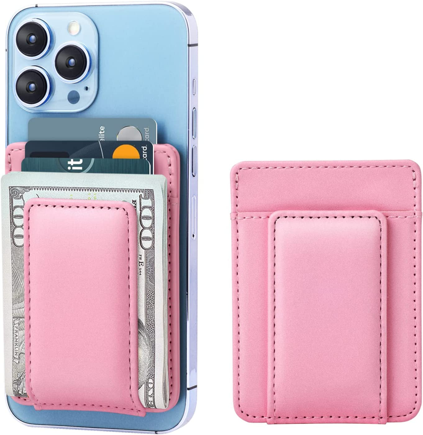 Morojular Leather Wallet for Apple Magsafe, Magsafe Wallet and Magnetic Card Holder, Compatible with Iphone 14/13/12 Series, Max 5 Cards, Money Clip, Not Compatible with Iphone Mini Black  Morojular Pink  