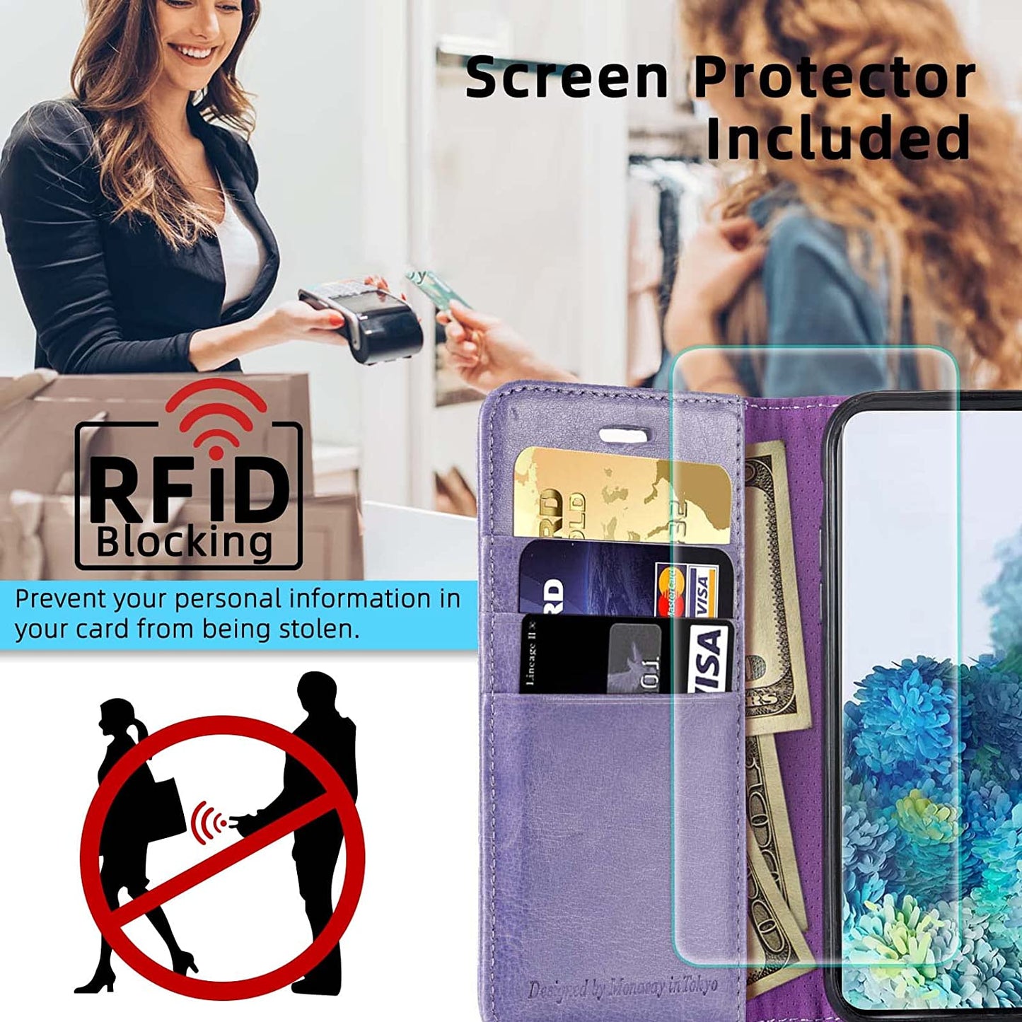 MONASAY Wallet Case for Galaxy S21+Plus 5G, 6.7 Inch [Screen Protector Included][Rfid Blocking] Flip Folio Leather Cell Phone Cover with Credit Card Holder, Lavenders  MONASAY   