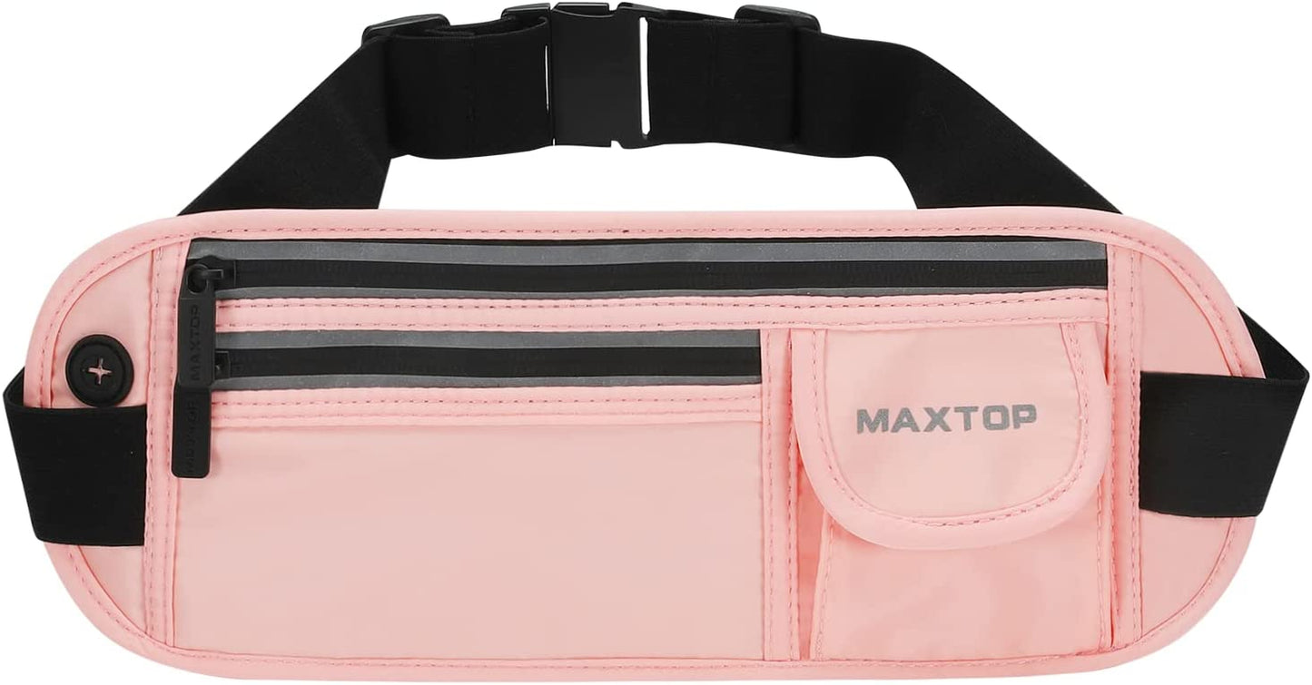 【2 Packs Family Share Bundle】Fanny Packs for Women Men Running Belt Waist Pack Bag for Workout Gym Exercise Walking Hiking Belt Bag Waist Pouch Fits Iphone Cell Phone Holder for Travel Money Belt  MAXTOP Light Pink Running Travel Belt 