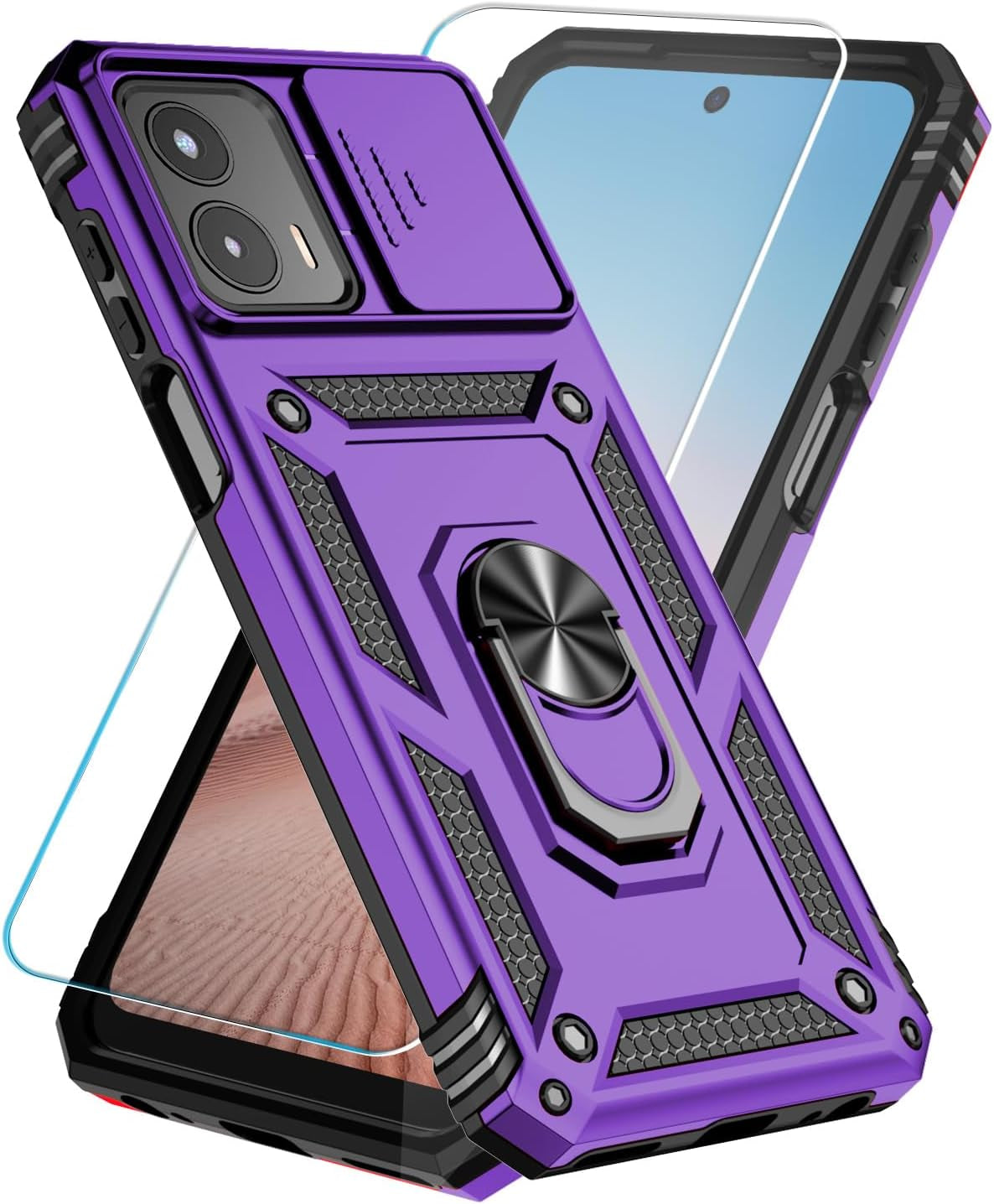 Sunstory for Motorola Moto G 5G 2023 Case with Tempered Glass Screen Protector & Slide Camera Cover & Kickstand, [Military-Grade] Phone Case for Moto G 5G 2023 (Red)  SunStory Purple  