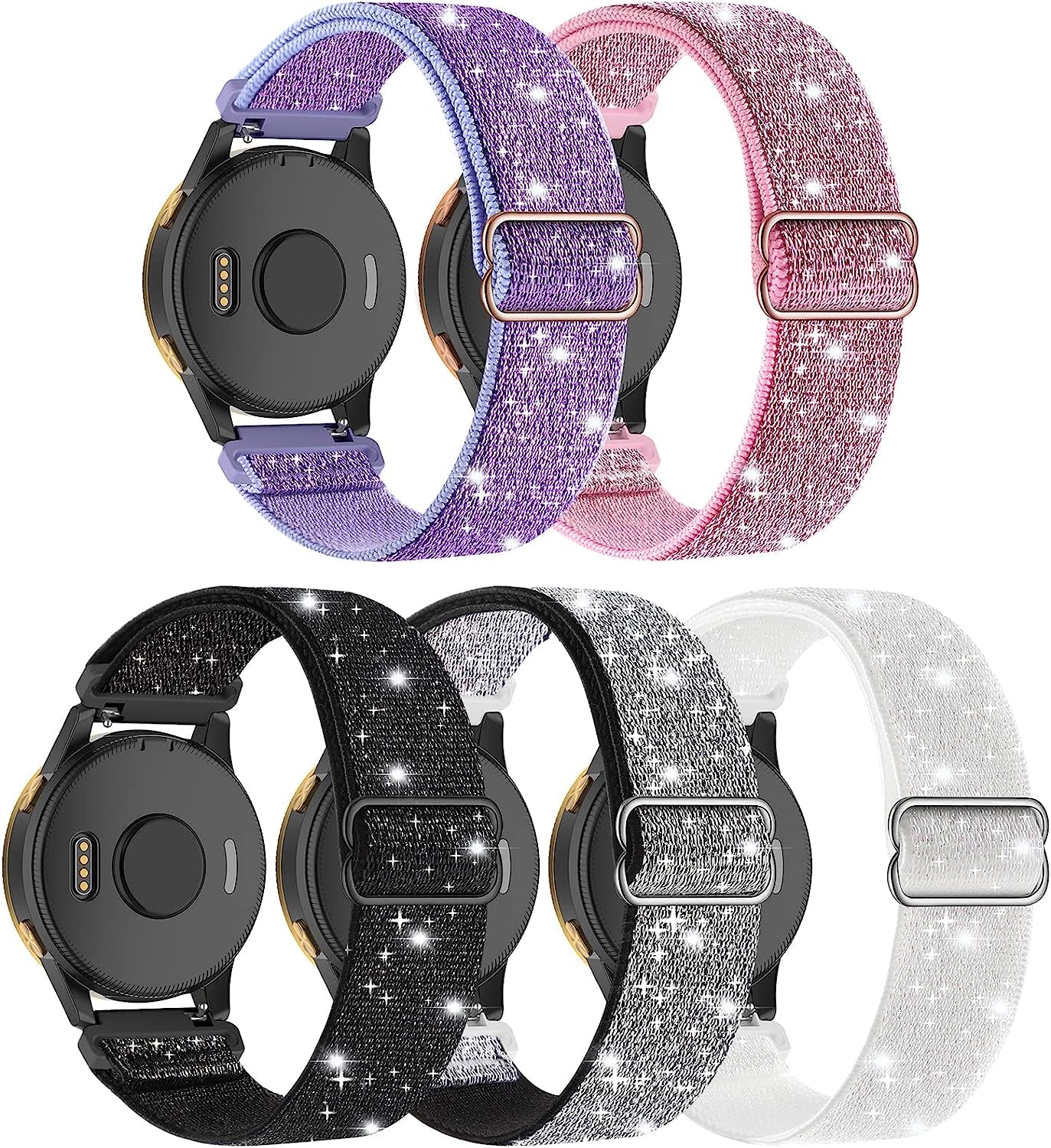 Oanux Stretchy Bands Compatible with Garmin Forerunner 245/245 Music/Venu/Vivoactive 3/Venu Sq/Vivoactive 3 Music/Vivomove Hr/Forerunner 645/645 Music/Venu 2 Plus(5 Pack)  Oanux Flash Pink/ Flash Purple/ Flash Silver/ Flash White/ Flash Black  