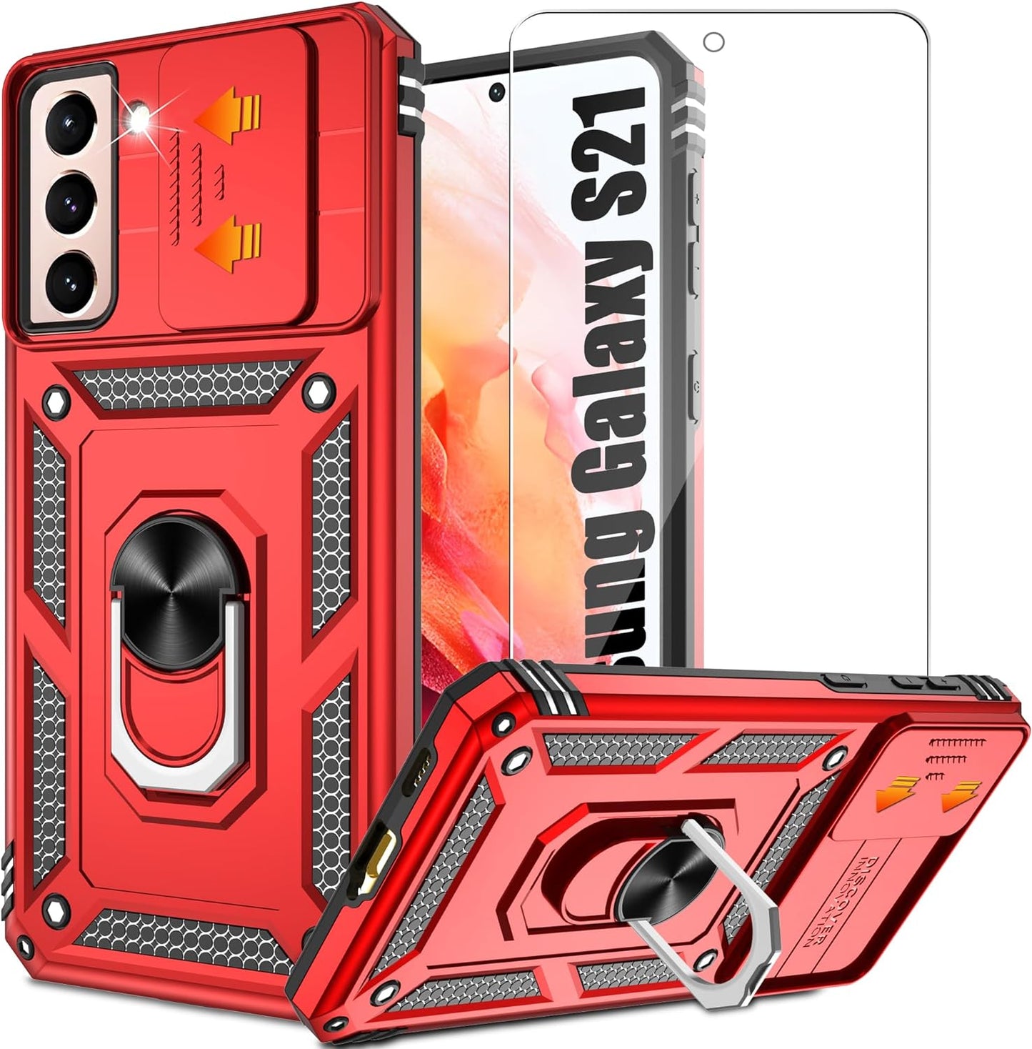 ATUMP for Galaxy S21 Case with HD Screen Protector, Build in 360° Magnetic Ring Holder Kickstand [Military Grade] Protective Case for Samsung Galaxy S21 Case 5G,Rose Gold  Atump Red  