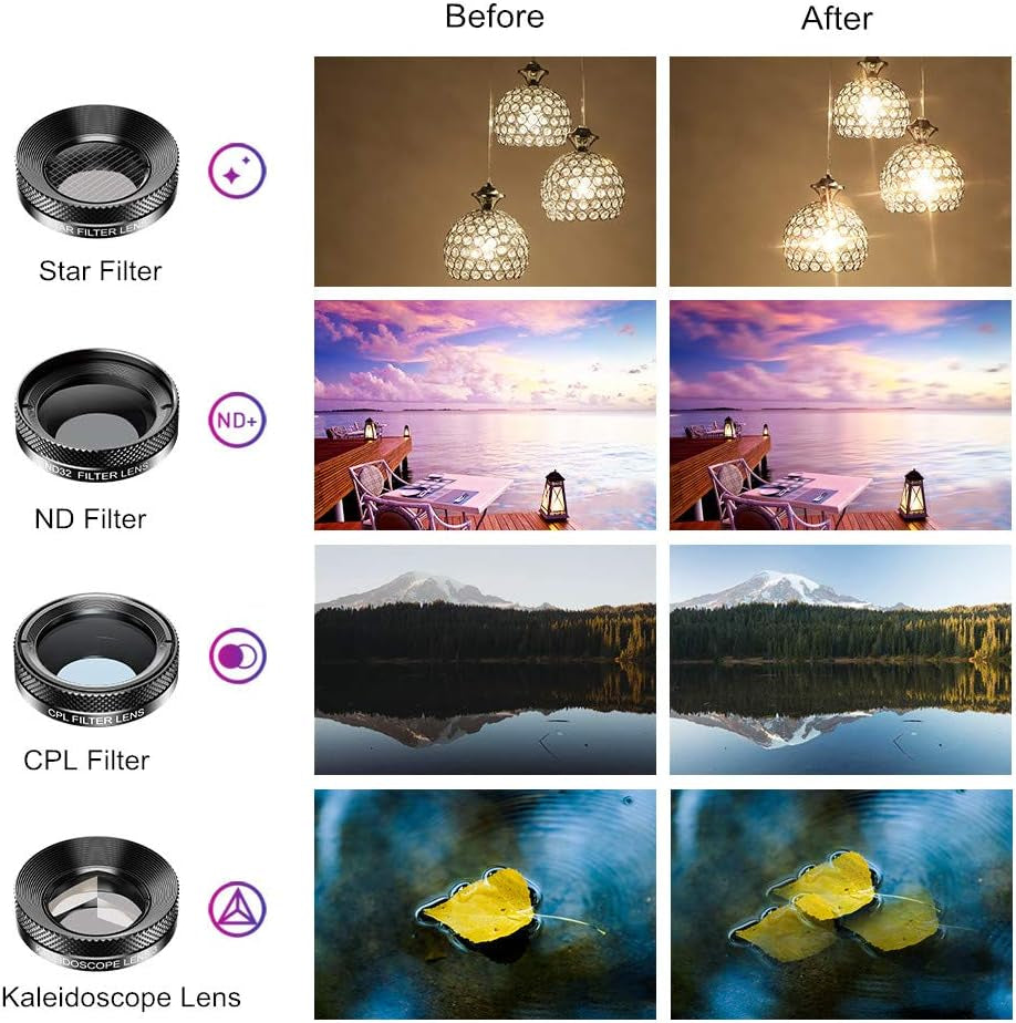 11 in 1 Universal Clip on Cell Phone Camera Lens Kit. 205°Fisheye 140° Super Wide Angle 15X Macro Star CPL ND32 Kaleidoscope 4 Color Lens for Iphone Samsung Huawei and Most of Smartphone  Phorsen   
