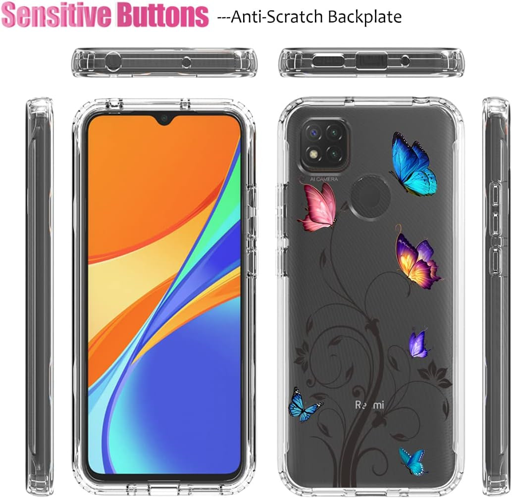Vavies Case for Xiaomi Redmi 9C/Redmi 10A/Redmi 9 Activ Case with Tempered Glass Screen Protector, Full Body Clear with Floral Design Protection Phone Cover Cases for Xiaomi Redmi 9C (Butterfly Tree)  Vavies   