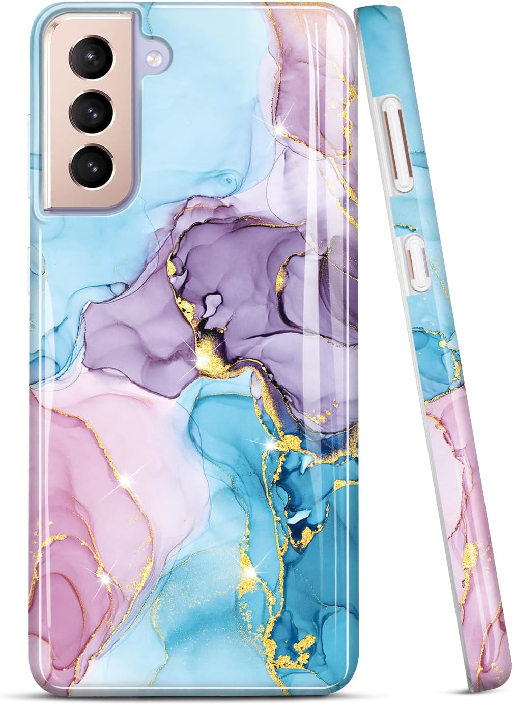JIAXIUFEN Galaxy S21 Case Gold Sparkle Glitter Marble Slim Shockproof TPU Soft Rubber Silicone Cover Phone Case for Samsung Galaxy S21 5G 6.2 Inch 2021 Blue  JIAXIUFEN Glitter Blue Purple Pink  