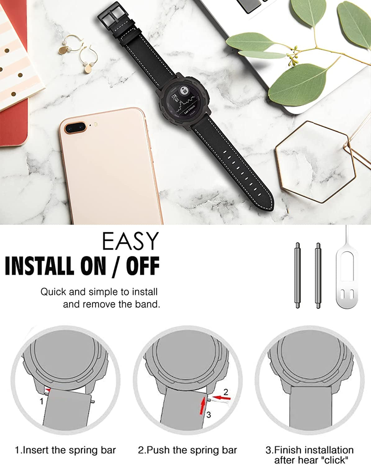 Olytop for Garmin Instinct/2 Solar Watch Bands, Leather Replacement Bracelet Strap Wristband Women Men for Garmin Instinct Tactical/Esports/Solar/Tide Smartwatch  Olytop   