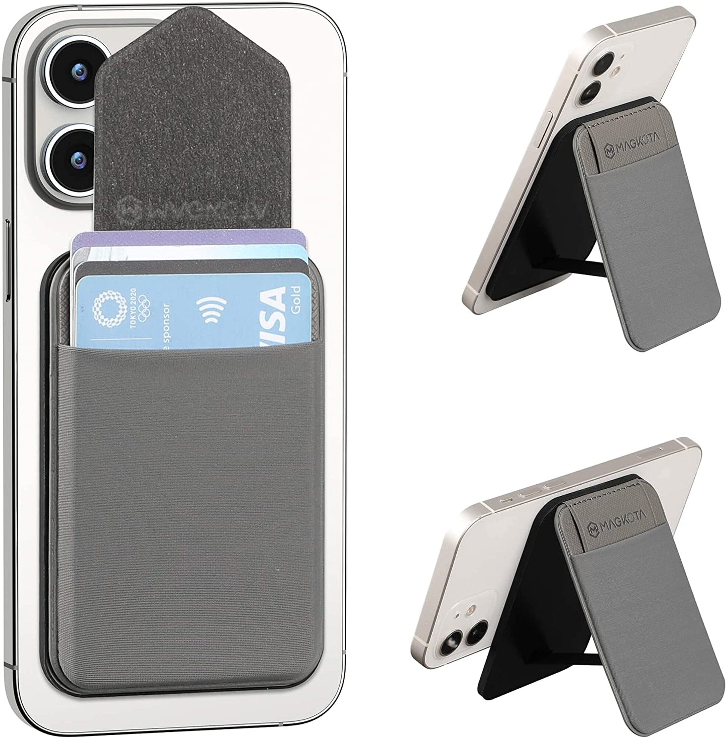 MAGKOTA Magsafe Wallet Max 5 Cards, Magnetic Card Holder Compatible with Iphone 14 /Iphone 13/ Iphone12 Series, Stretchy Fabric Iphone Wallet Stand with Flap,And Has 2 Viewing Angles (Black)  MAGKOTA Grey  