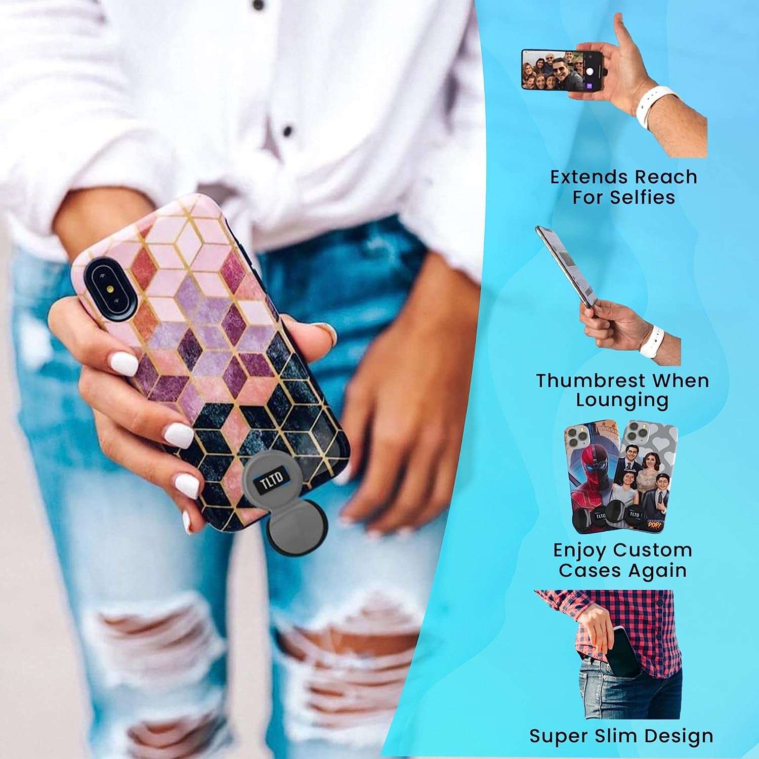 TLTD Premium Phone Grip Holder with 360°Rotation Pop Out Silicone Cushion Finger Grip for Iphone Samsung Smartphones with Secure Stick to Phone & Case Comfortable than Ring & Collapsible Strap (Black)  TLTD   