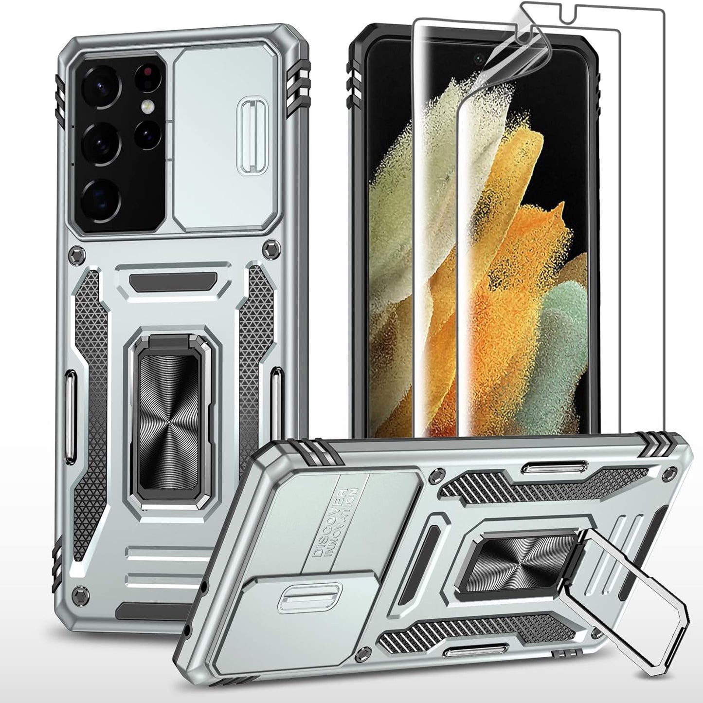 THMEIRA Samsung Galaxy S21 Ultra Case, Armor Phone Case for Samsung S21 Ultra with Screen Protector [Soft 2 Pcs] with Camera Cover, Galaxy S21 Ultra Magnetic Ring Case Anti-Fall Drop Protection, Black  THMEIRA Gray Samsung Galaxy S21 Ultra Case 