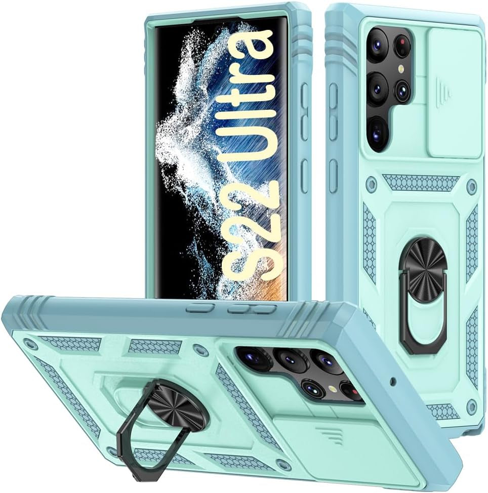 PASNEW for Samsung Galaxy S21 Ultra Case,Finger Ring Kickstand & Camera Cover Slide & Charge Port Dust Plug,Military Heavy Duty Full Body Shockproof Protective Hard Shell S21Ultra,6.8 Inch,Pink  PASNEW Green Samsung Galaxy S22Ultra【6.8"】 