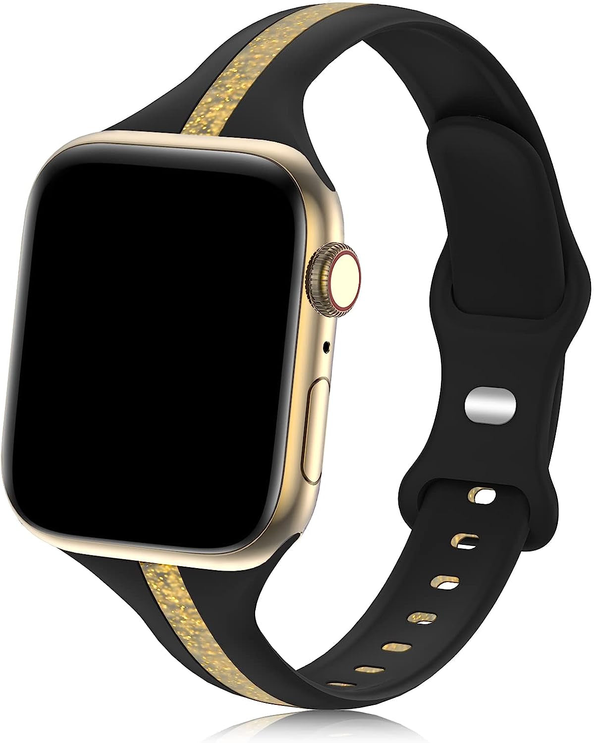Iwabcertoo Designer Sport Bands Compatible with Apple Watch Band 38Mm 40Mm 41Mm 42Mm 44Mm 45Mm Women, Slim Soft Silicone Strap Replacement Wristbands Compatible for Iwatch Series 8/7/6/5/4/3/2/1/SE  iWabcertoo Black Glitter Gold 38mm/40mm/41mm 