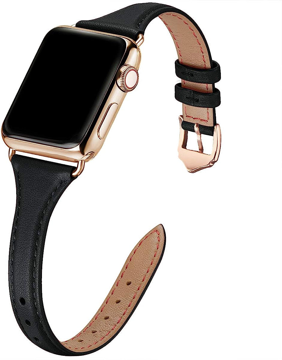 WFEAGL Leather Bands Compatible with Apple Watch Band 38Mm 40Mm 41Mm 42Mm 44Mm 45Mm 49Mm Women, Top Grain Leather Strap Slim & Thin Replacement Wristband for Iwatch Ultra SE & Series 8 7 6 5 4 3 2 1  WFEAGL Black/Gold 38mm 40mm 41mm 