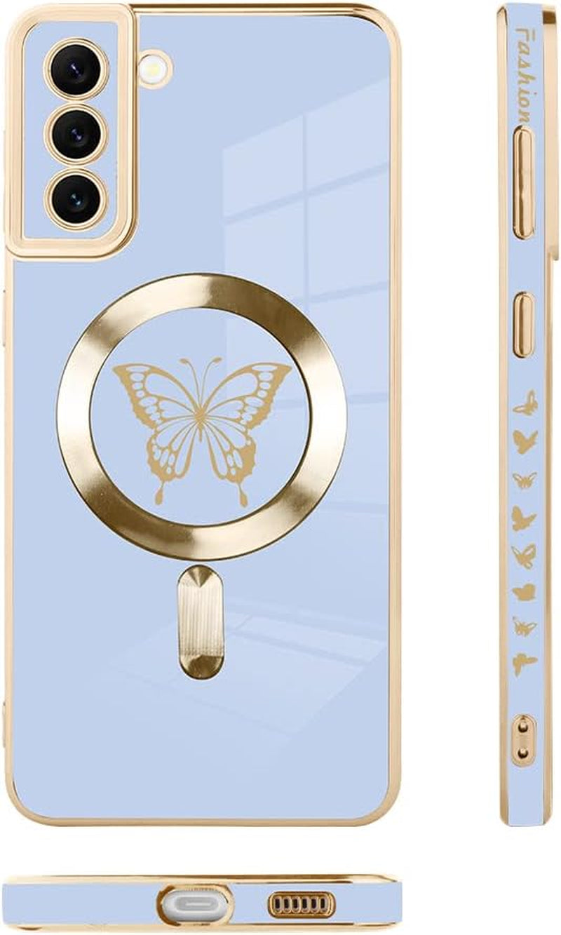 Bonoma for Samsung Galaxy S21 plus Case [Support for Magsafe] Butterfly Pattern Magnetic Plating Screen Protector Luxury Elegant Case Camera Protector Shockproof Protective Corner Back Cover -Blue  Bonoma   