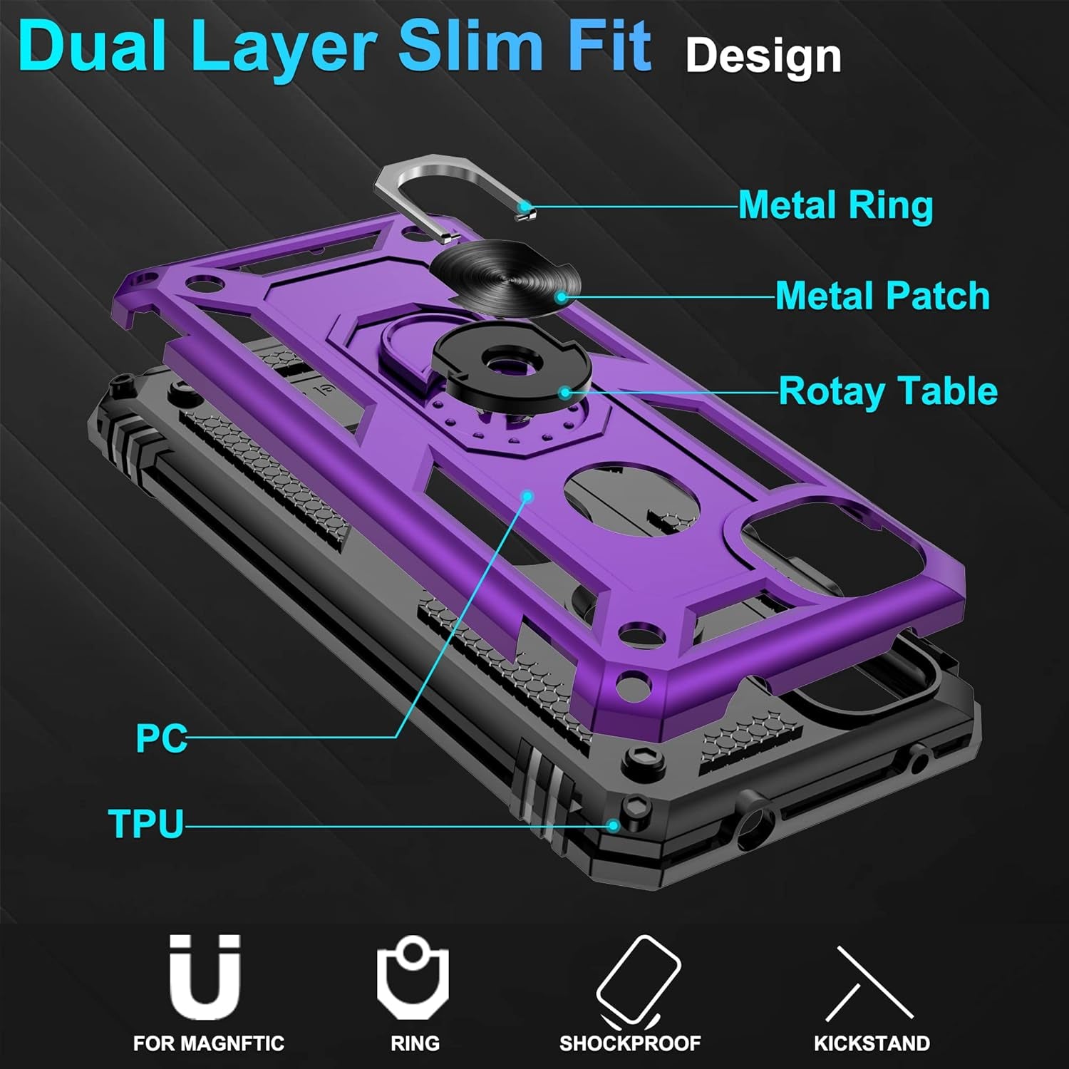 Gritup Google Pixel 4A Case (No Fit for Pixel 4A 5G) with HD Screen Protector, Military-Grade Protective Heavy Duty Phone Case with Magnetic Kickstand Ring for Google Pixel 4A Purple  Gritup   