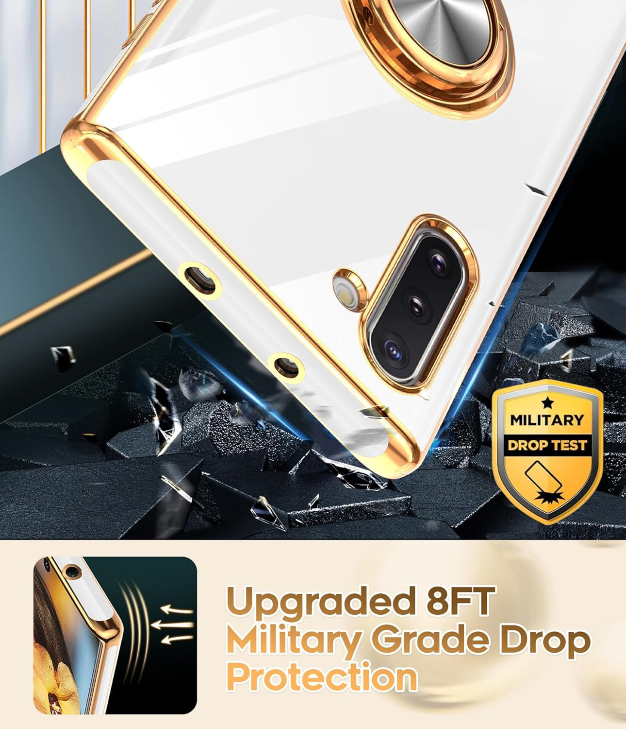 Leyi for Samsung Galaxy Note 10 Case 360° Rotatable Ring Holder Magnetic Kickstand, Plating Rose Gold Edge Protective Case [ Not Applicable Note 10 Plus], White  LeYi   