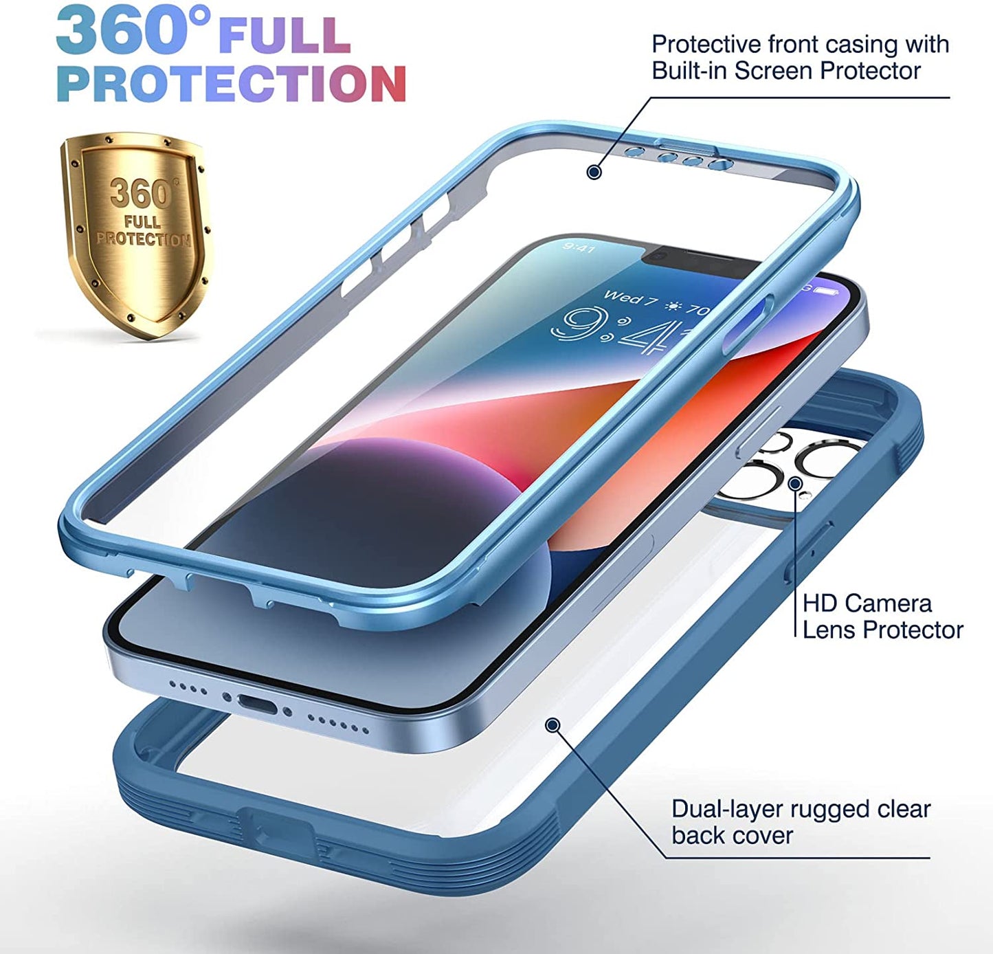 Diaclara Designed for Iphone 14 plus Case, Full Body Rugged Case with Built-In Touch Sensitive Anti-Scratch Screen Protector, with Camera Lens Protector for Iphone 14 plus 6.7" (Blue and Clear)  Diaclara   