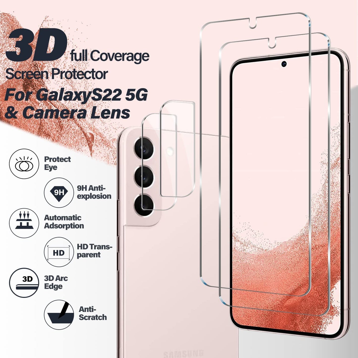 Galaxy S22 Tempered Glass Screen Protector + Camera Lens Protector [ 2 + 2 Pack ][Case Friendly] [Anti-Scratch] [Ultrasonic Fingerprint Unlock] Clear HD Glass Protective Film for Samsung Galaxy S22  BIGFACE   